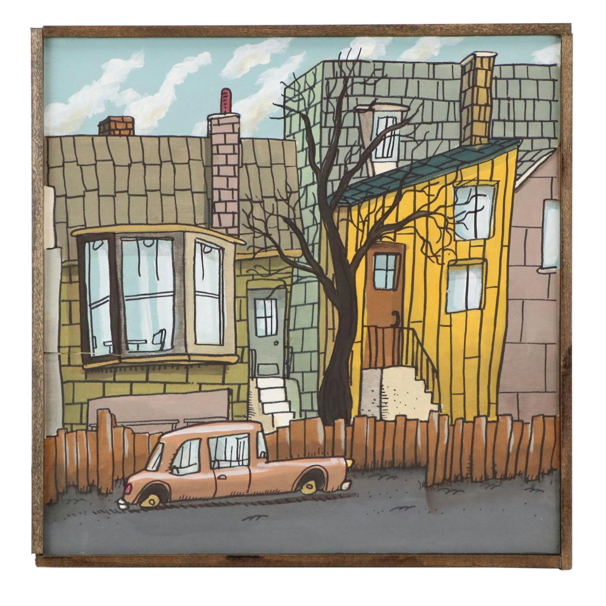 Aaron Wooten Stylized Cityscape Acrylic Painting "The Alley," 2024