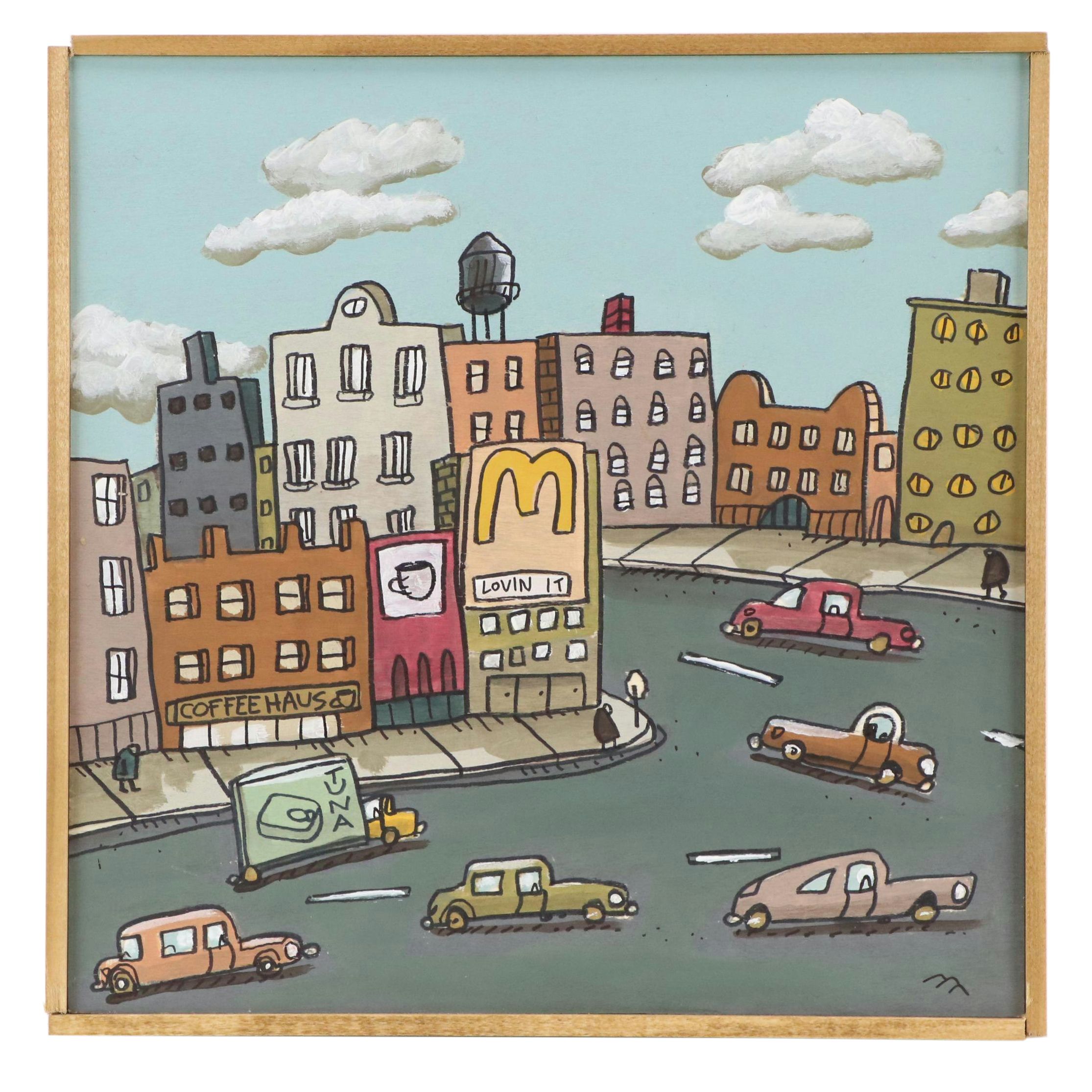 Aaron Wooten Stylized Cityscape Acrylic Painting "Lovin' It," 2024