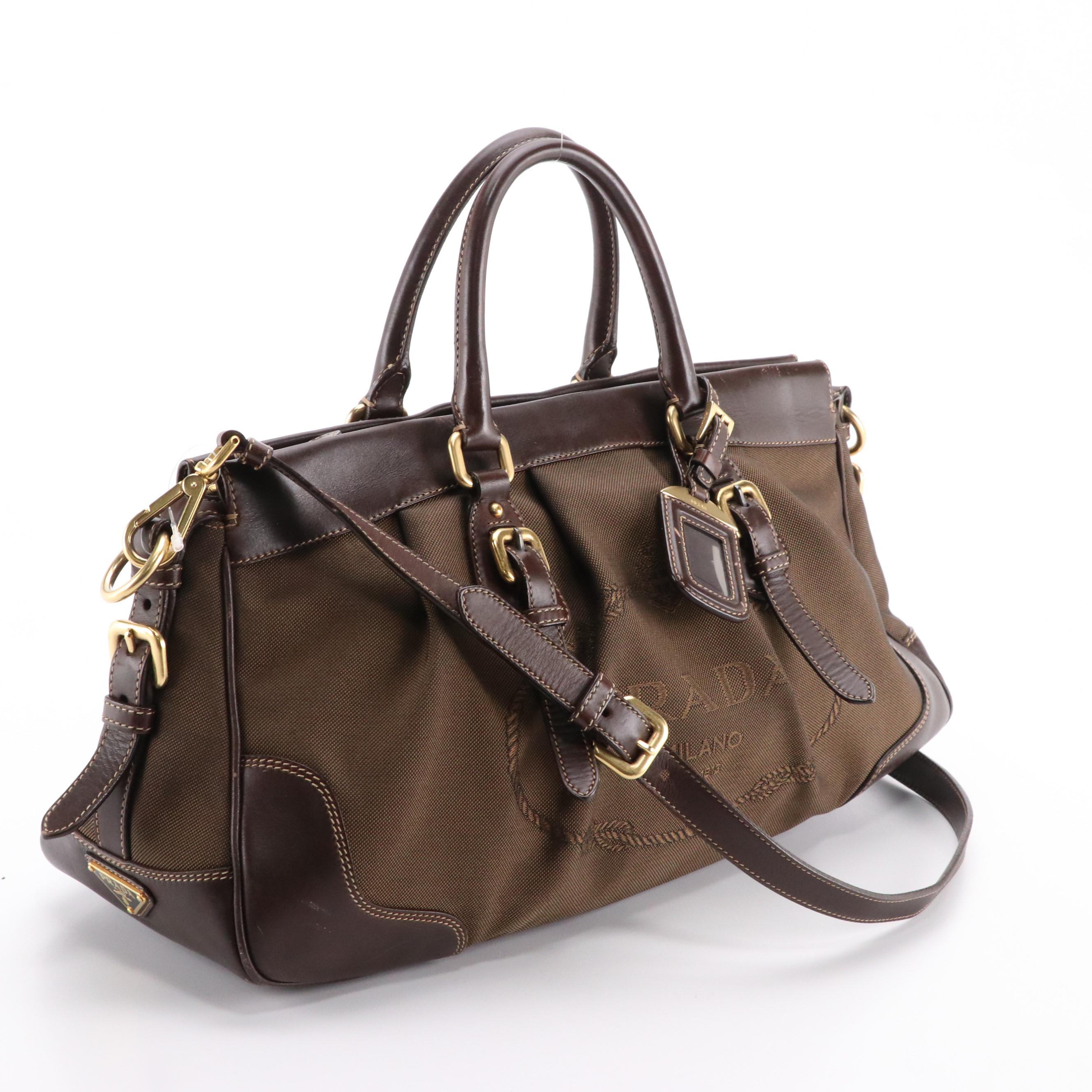 Prada Chocolate Brown Gathered Logo Nylon Jacquard Two-Way Bag with Leather Trim