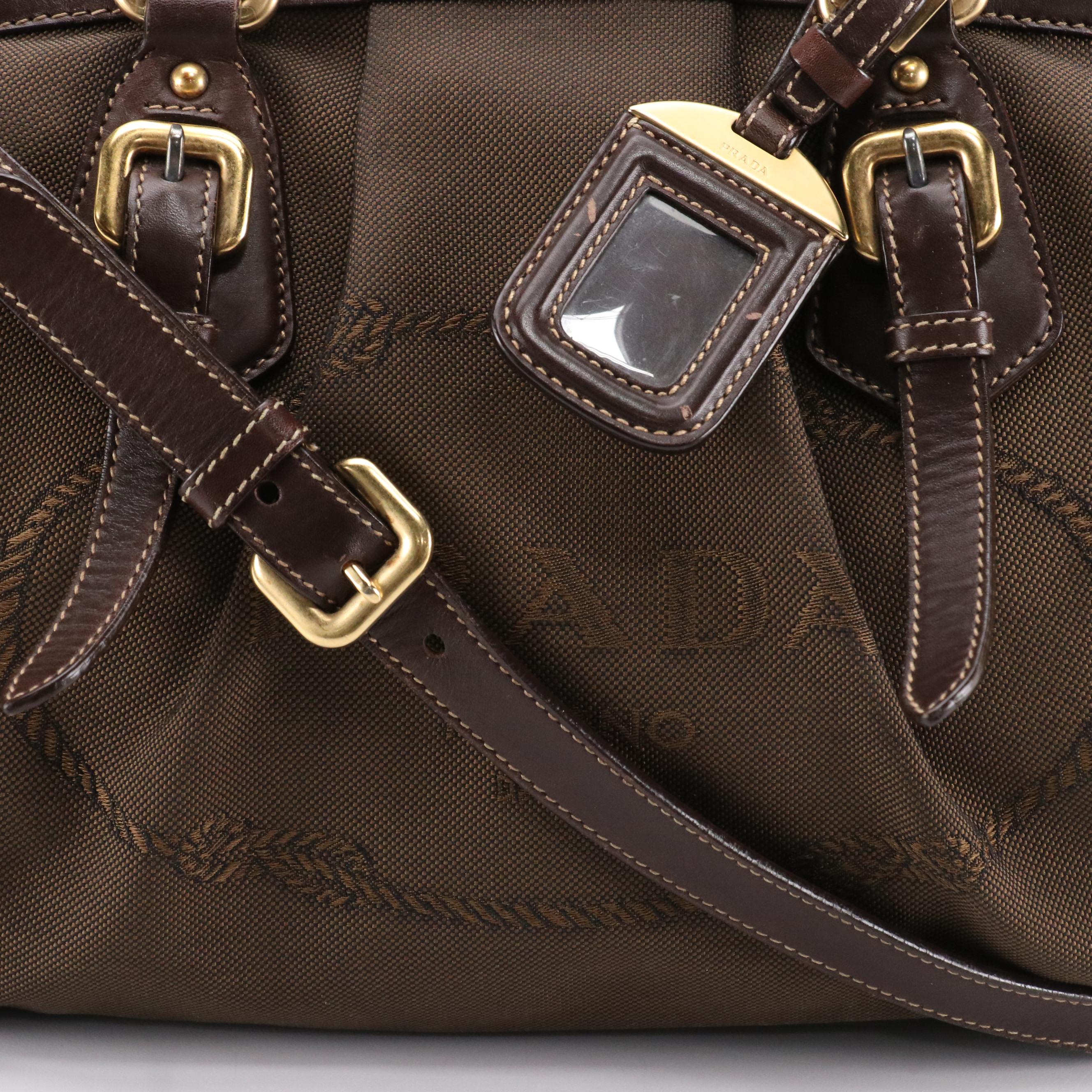 Prada Chocolate Brown Gathered Logo Nylon Jacquard Two-Way Bag with Leather Trim