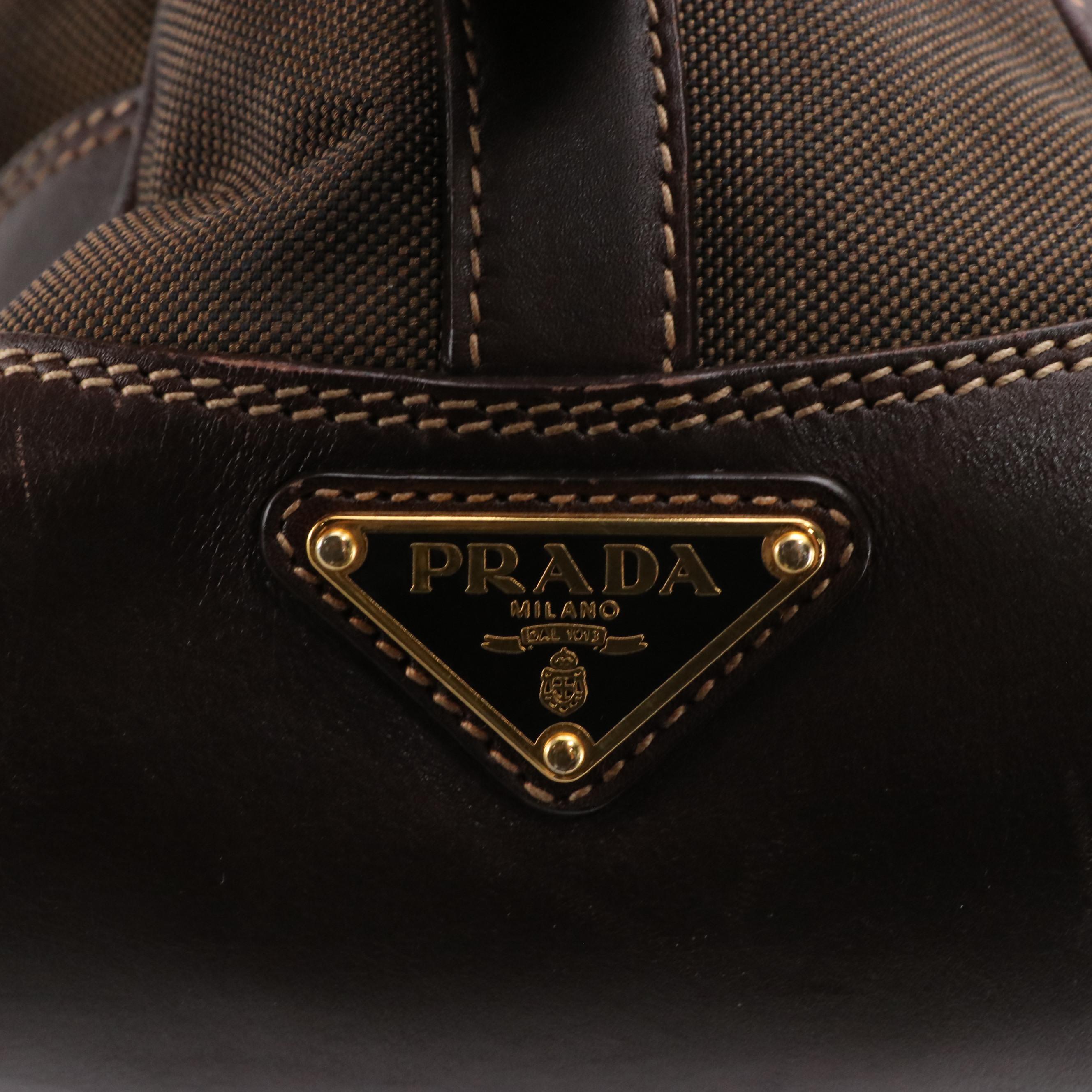 Prada Chocolate Brown Gathered Logo Nylon Jacquard Two-Way Bag with Leather Trim