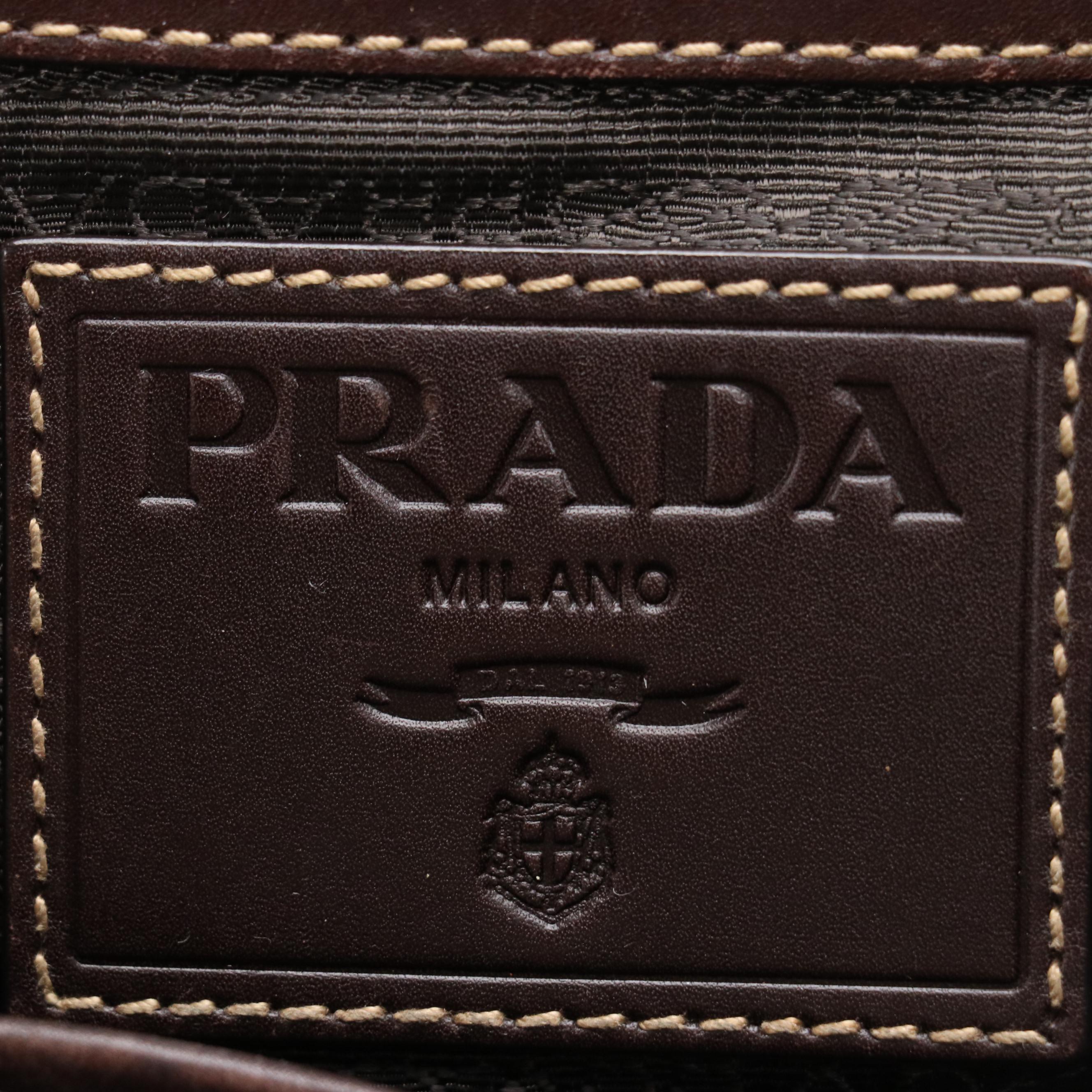 Prada Chocolate Brown Gathered Logo Nylon Jacquard Two-Way Bag with Leather Trim