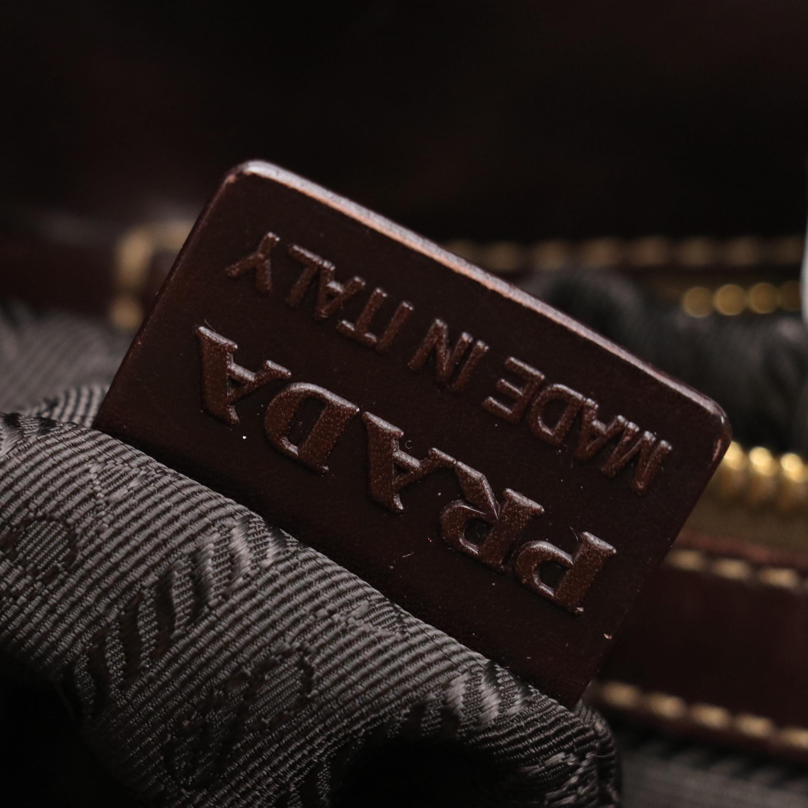 Prada Chocolate Brown Gathered Logo Nylon Jacquard Two-Way Bag with Leather Trim