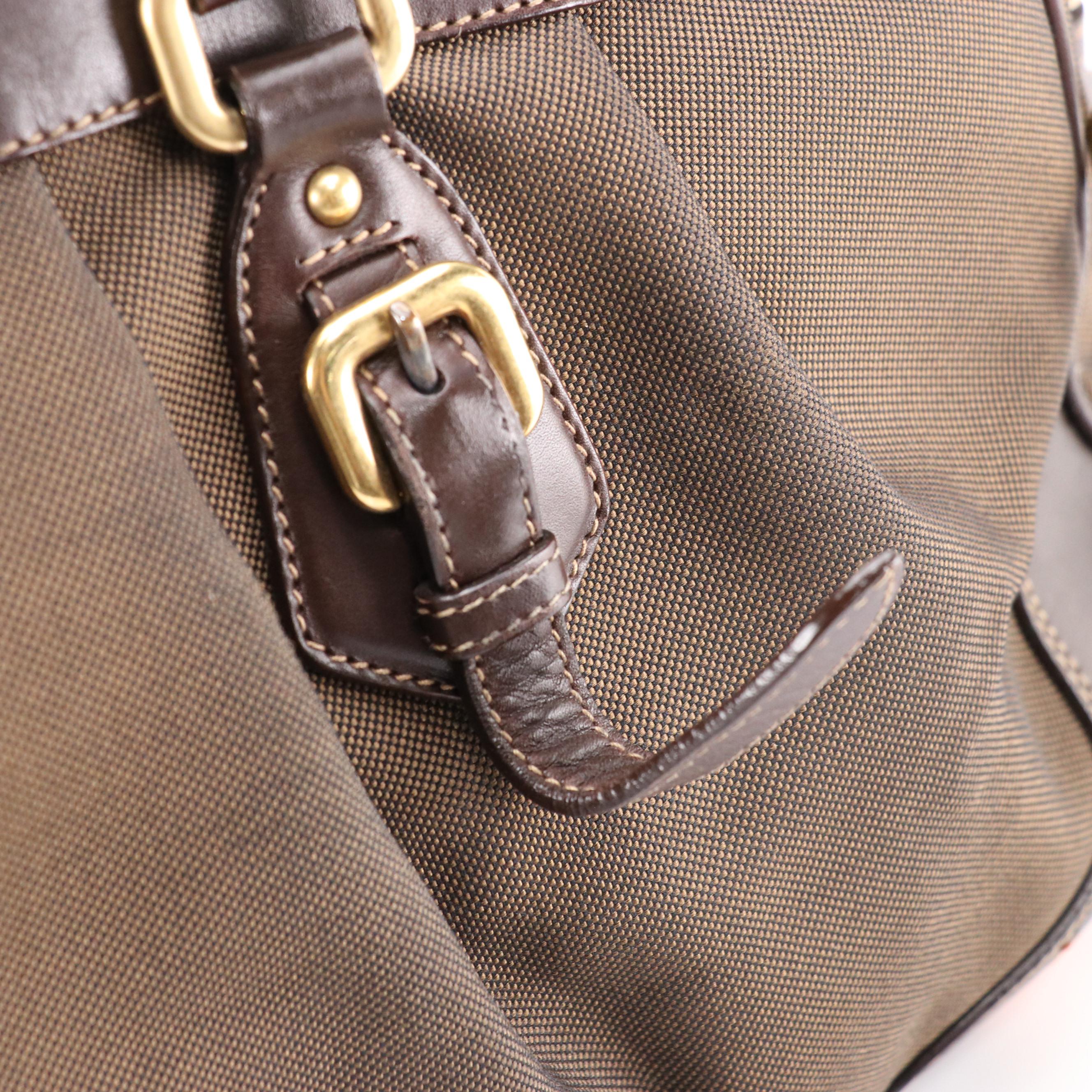 Prada Chocolate Brown Gathered Logo Nylon Jacquard Two-Way Bag with Leather Trim