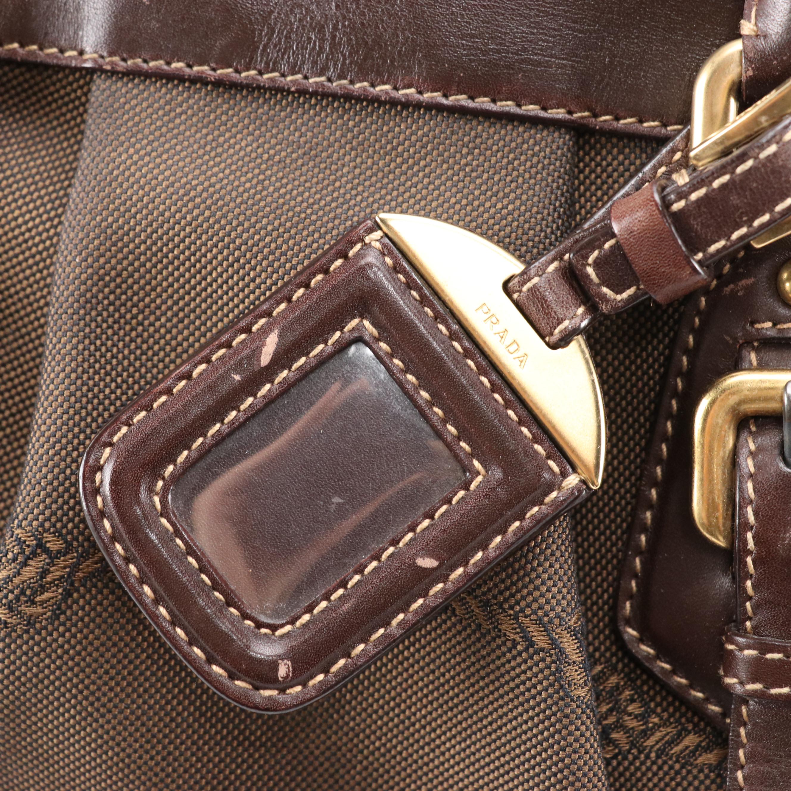 Prada Chocolate Brown Gathered Logo Nylon Jacquard Two-Way Bag with Leather Trim