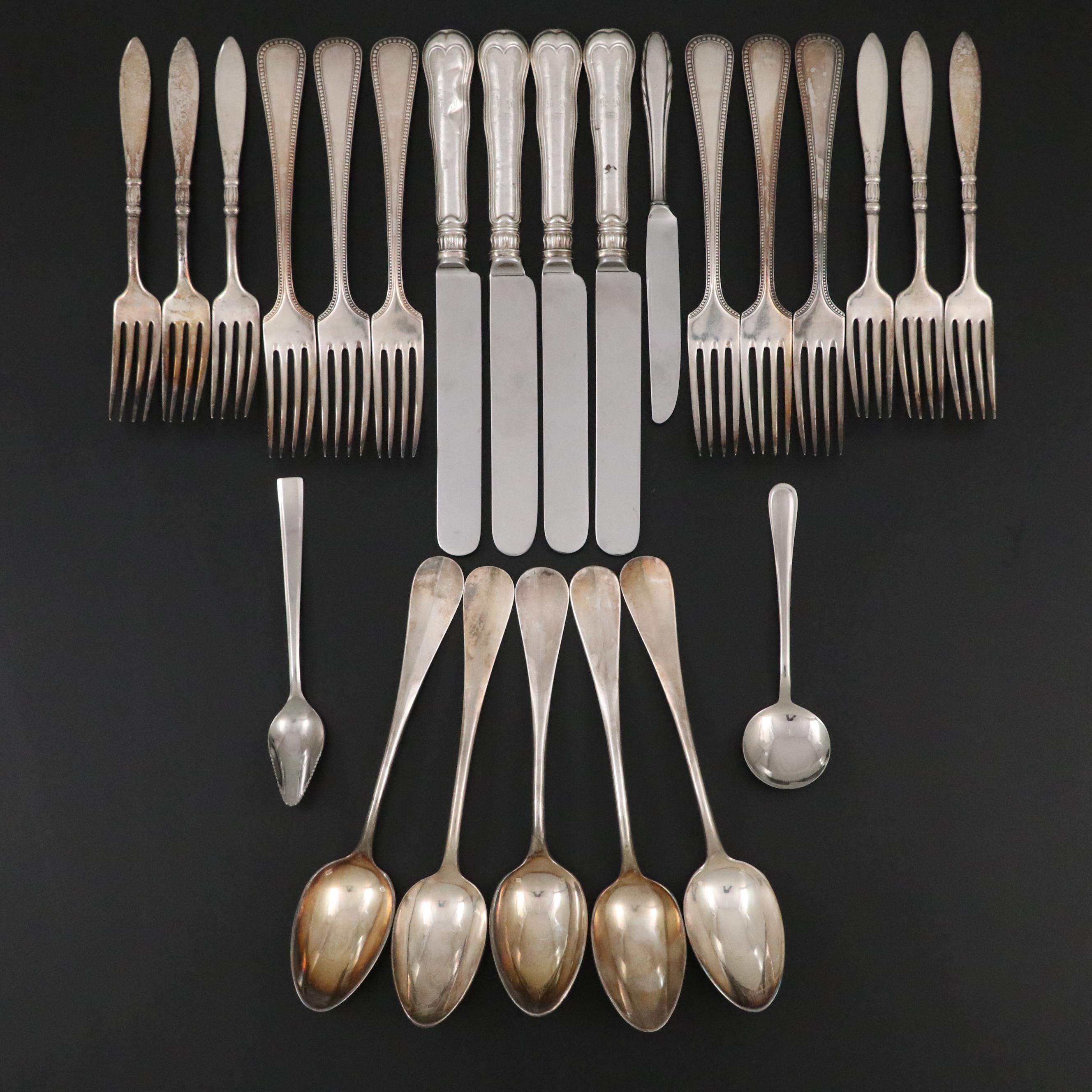 French Sterling Silver Handled Knives with Other Silver Plate Flatware