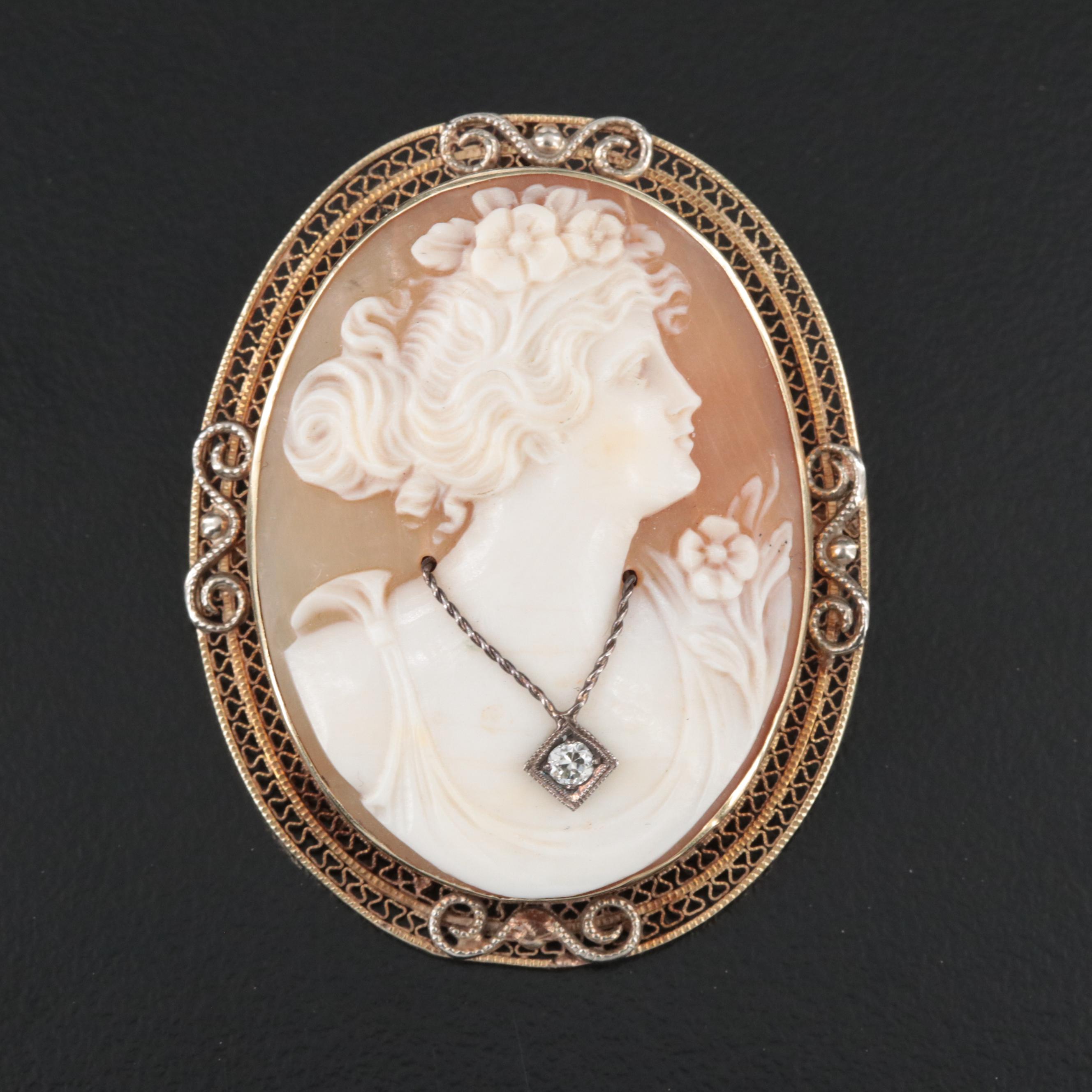 Antique 14K Shell and Diamond Cameo Habillé Converter Brooch