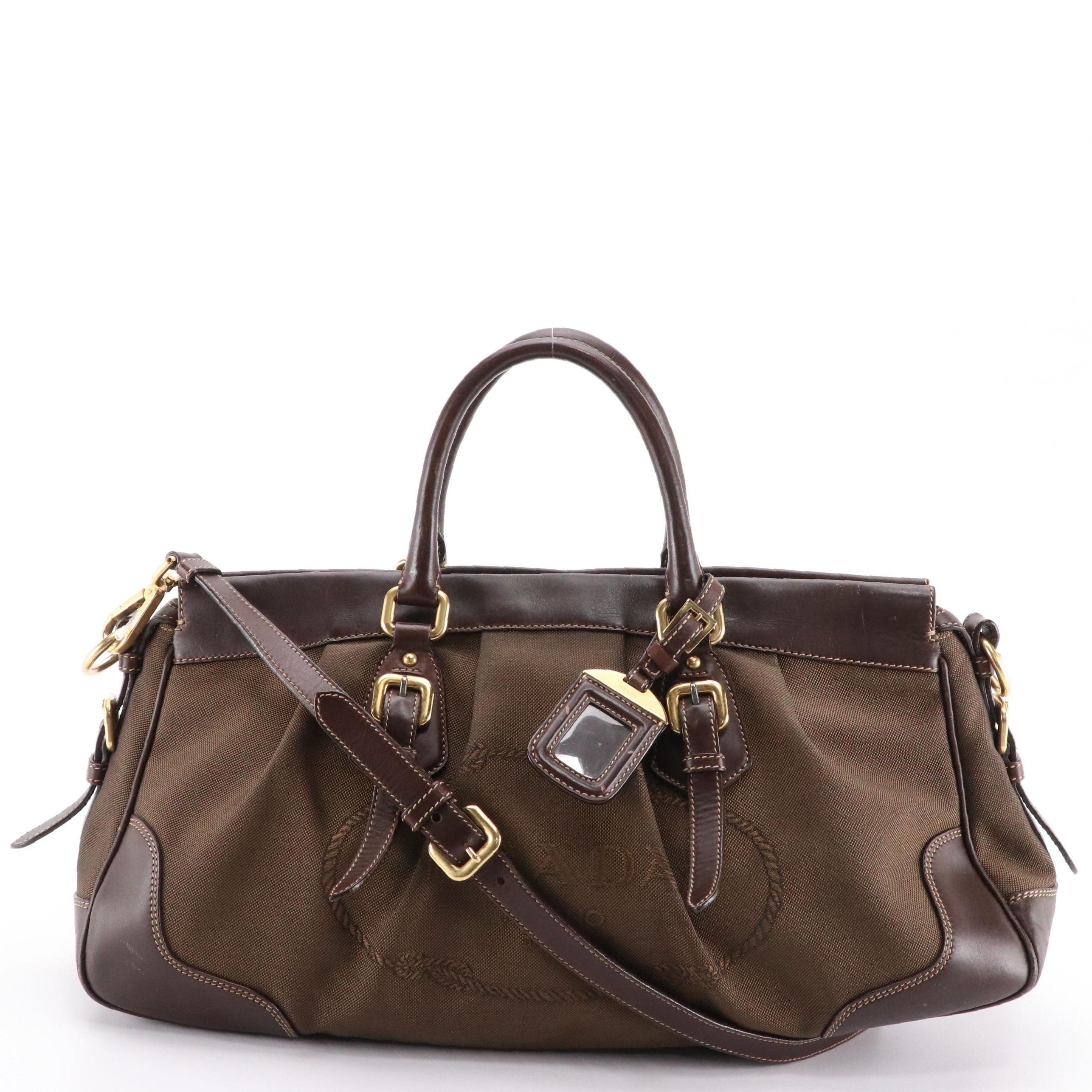 Prada Chocolate Brown Gathered Logo Nylon Jacquard Two-Way Bag with Leather Trim