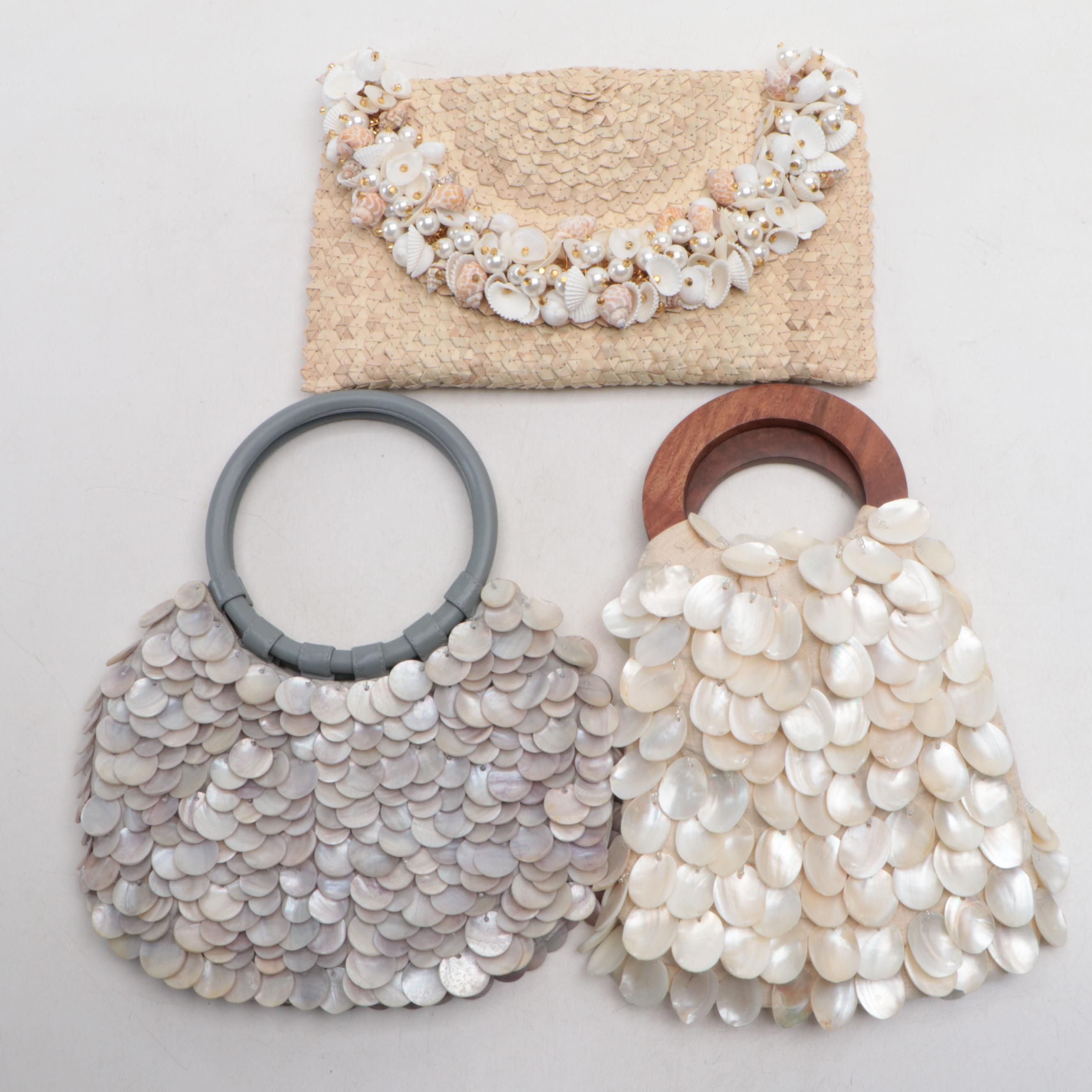 Moyna and Two's Company Shell Handbags with Mystique Shell Trim Clutch