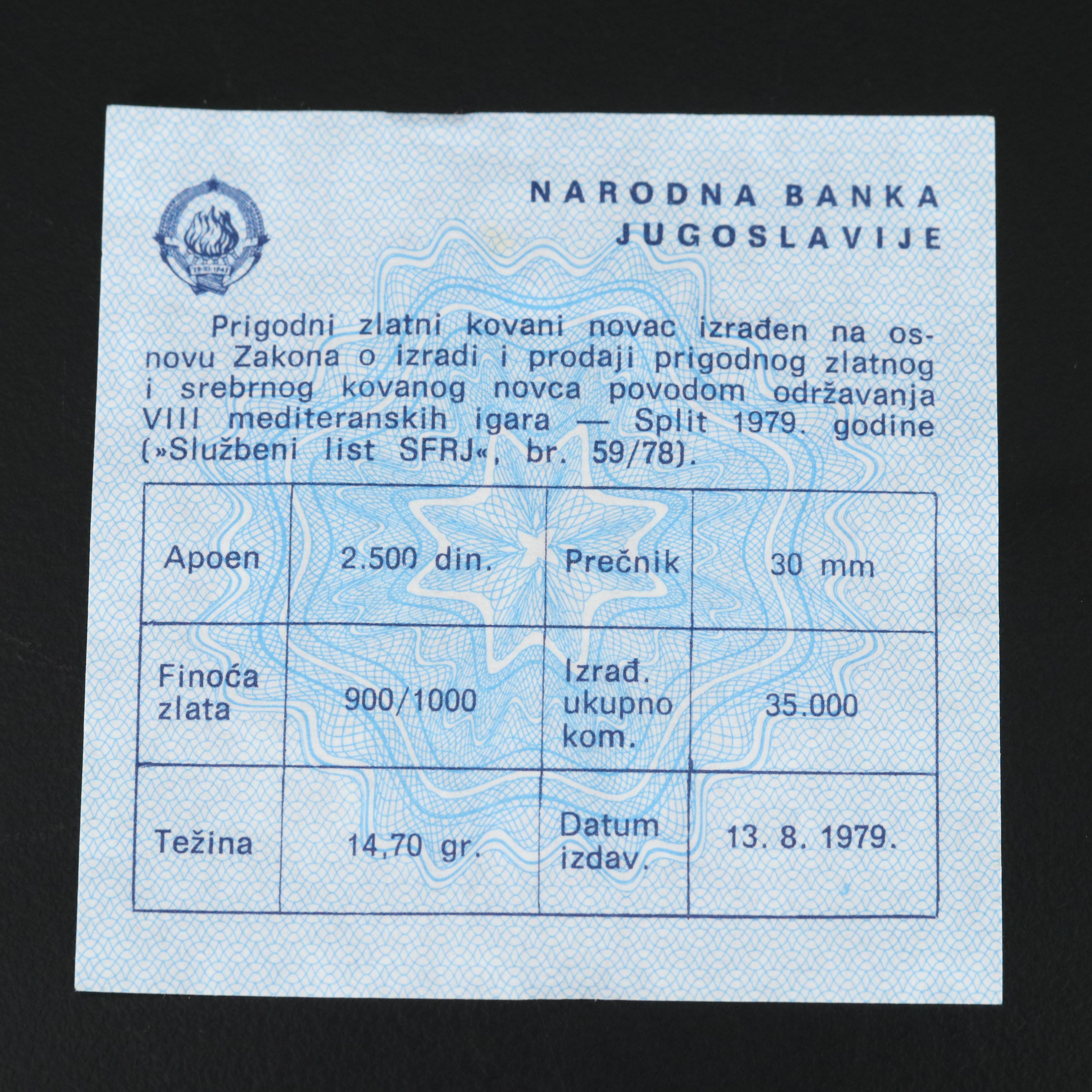 1978 Yugoslavia 2500 Dinara Proof Gold Coin