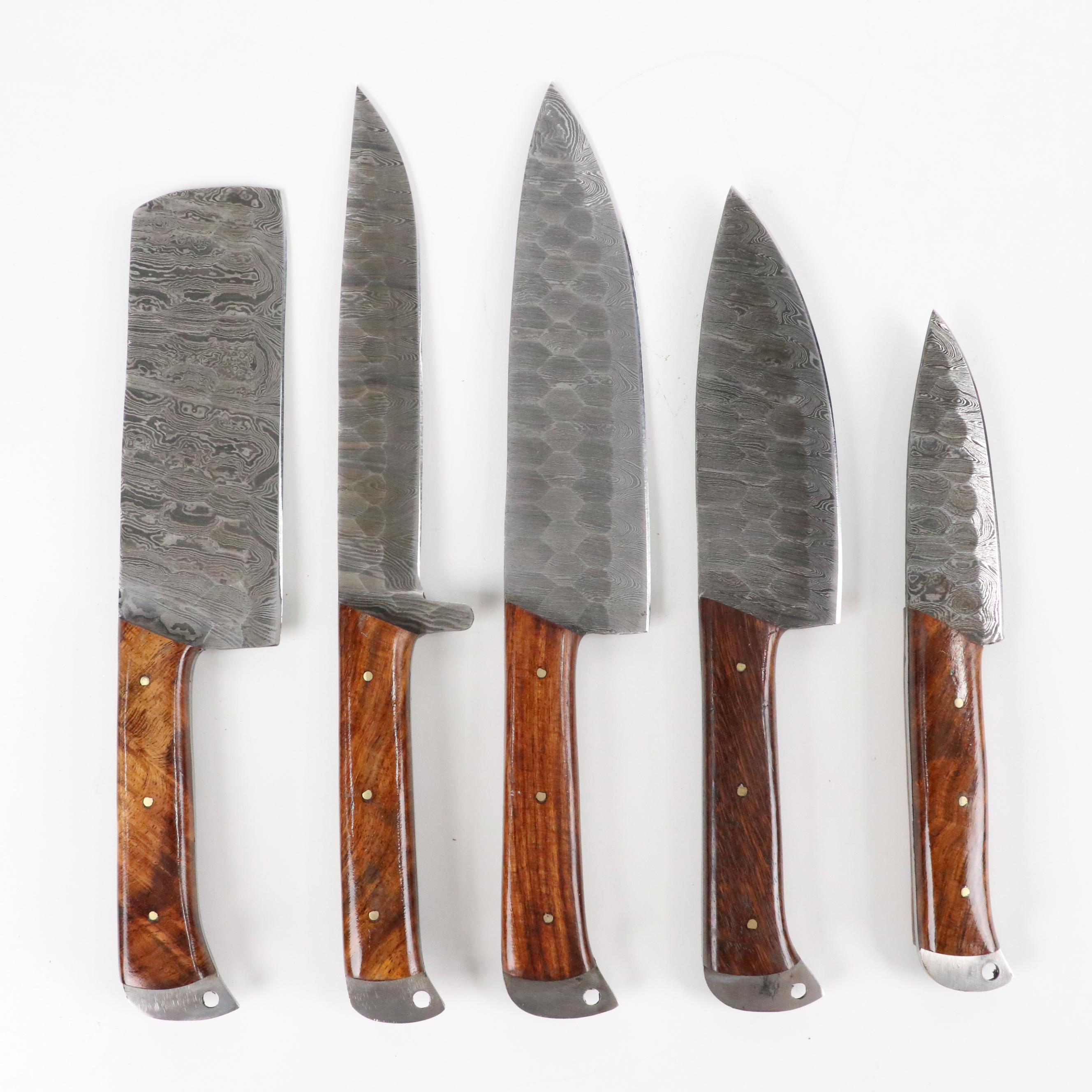 Damascus Steel Wood Handled Chef's Knife Set in Leather Knife Roll