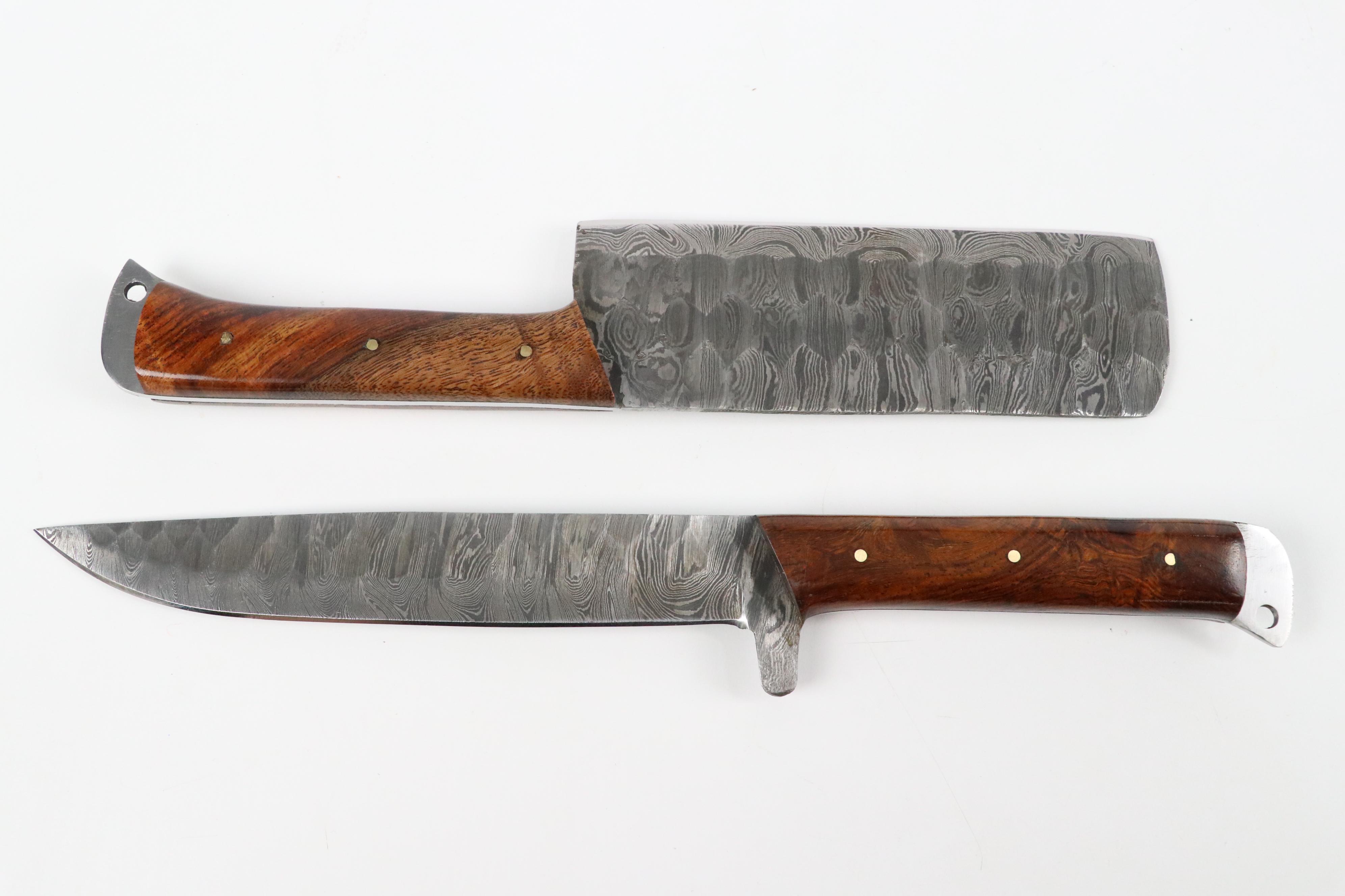 Damascus Steel Wood Handled Chef's Knife Set in Leather Knife Roll