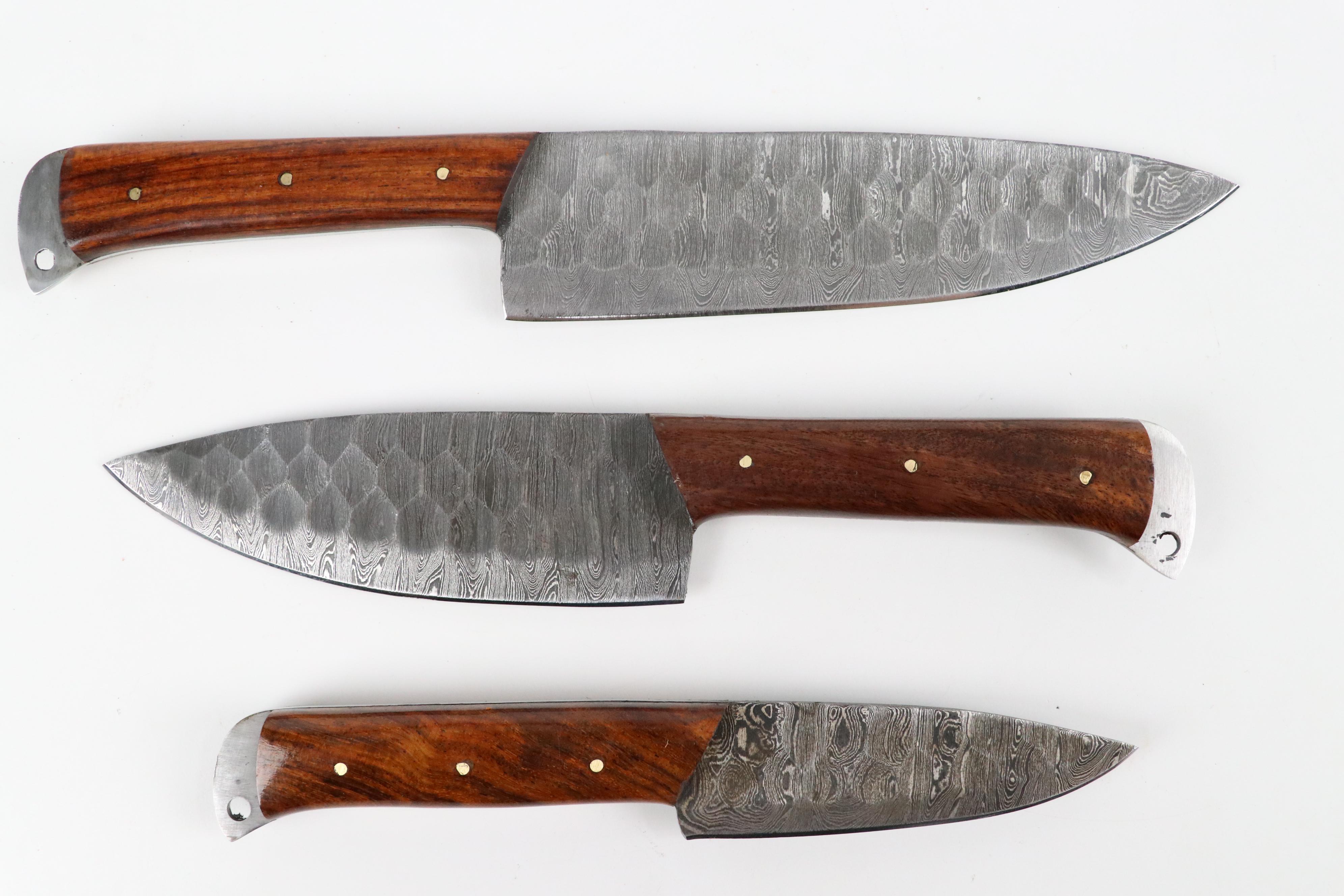 Damascus Steel Wood Handled Chef's Knife Set in Leather Knife Roll