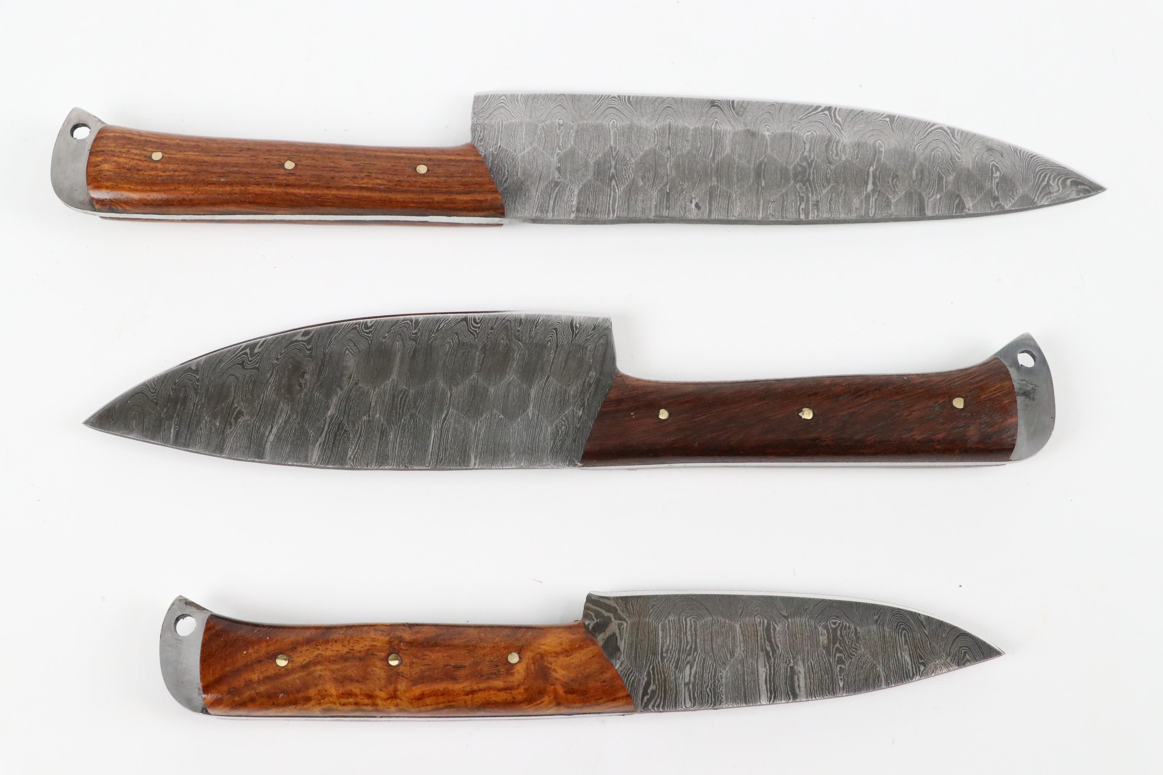 Damascus Steel Wood Handled Chef's Knife Set in Leather Knife Roll