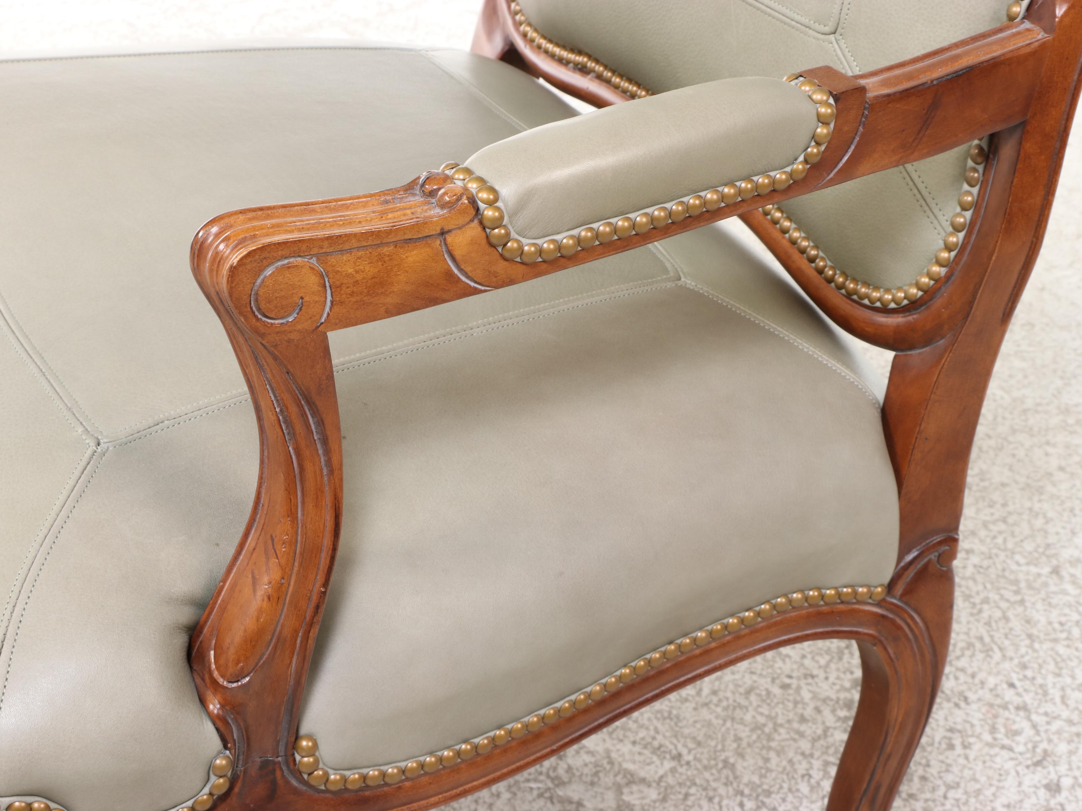 Century Furniture Louis XV Style Beech & Green Leather Fauteuil w/ Nailheads