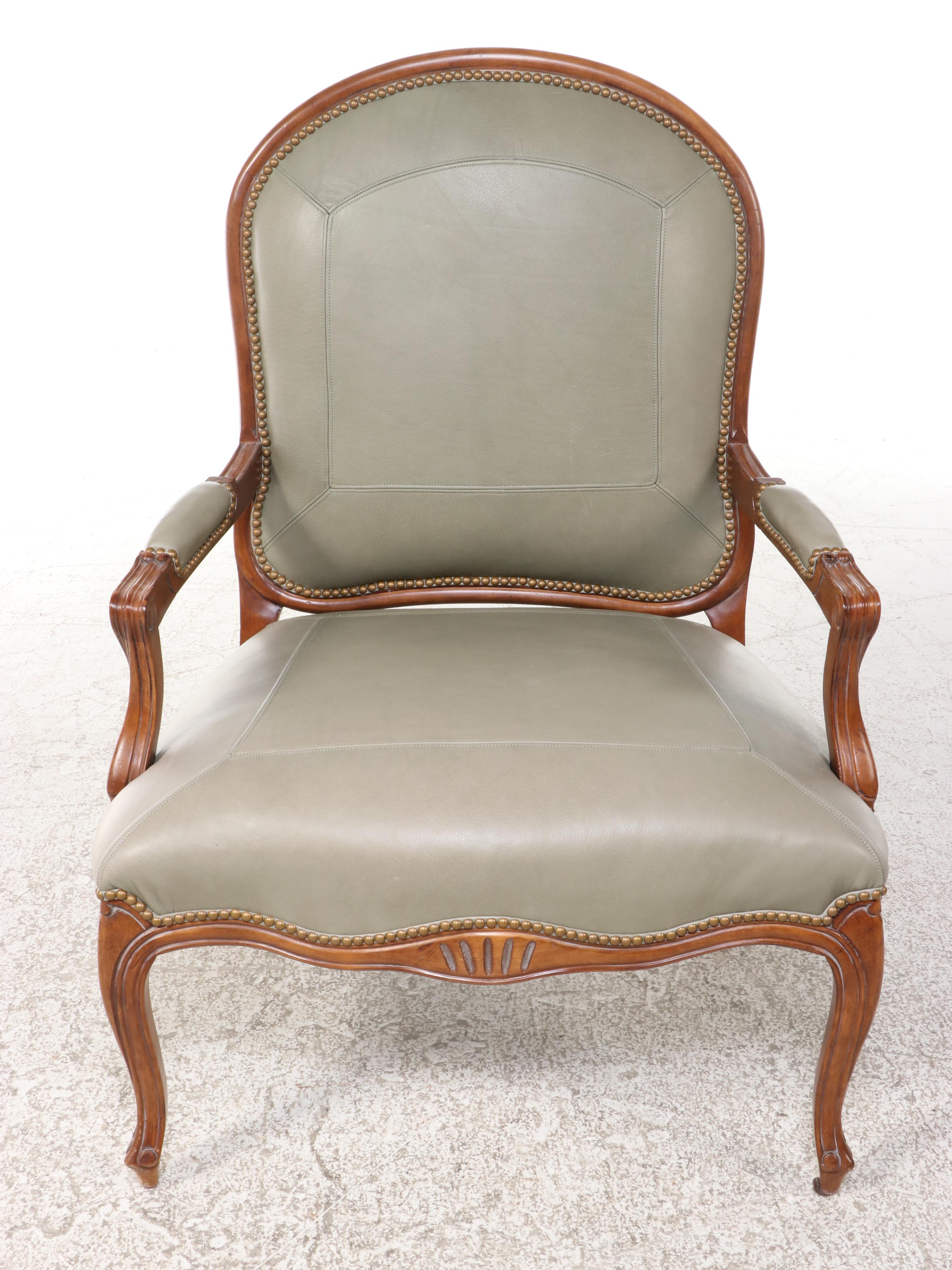 Century Furniture Louis XV Style Beech & Green Leather Fauteuil w/ Nailheads