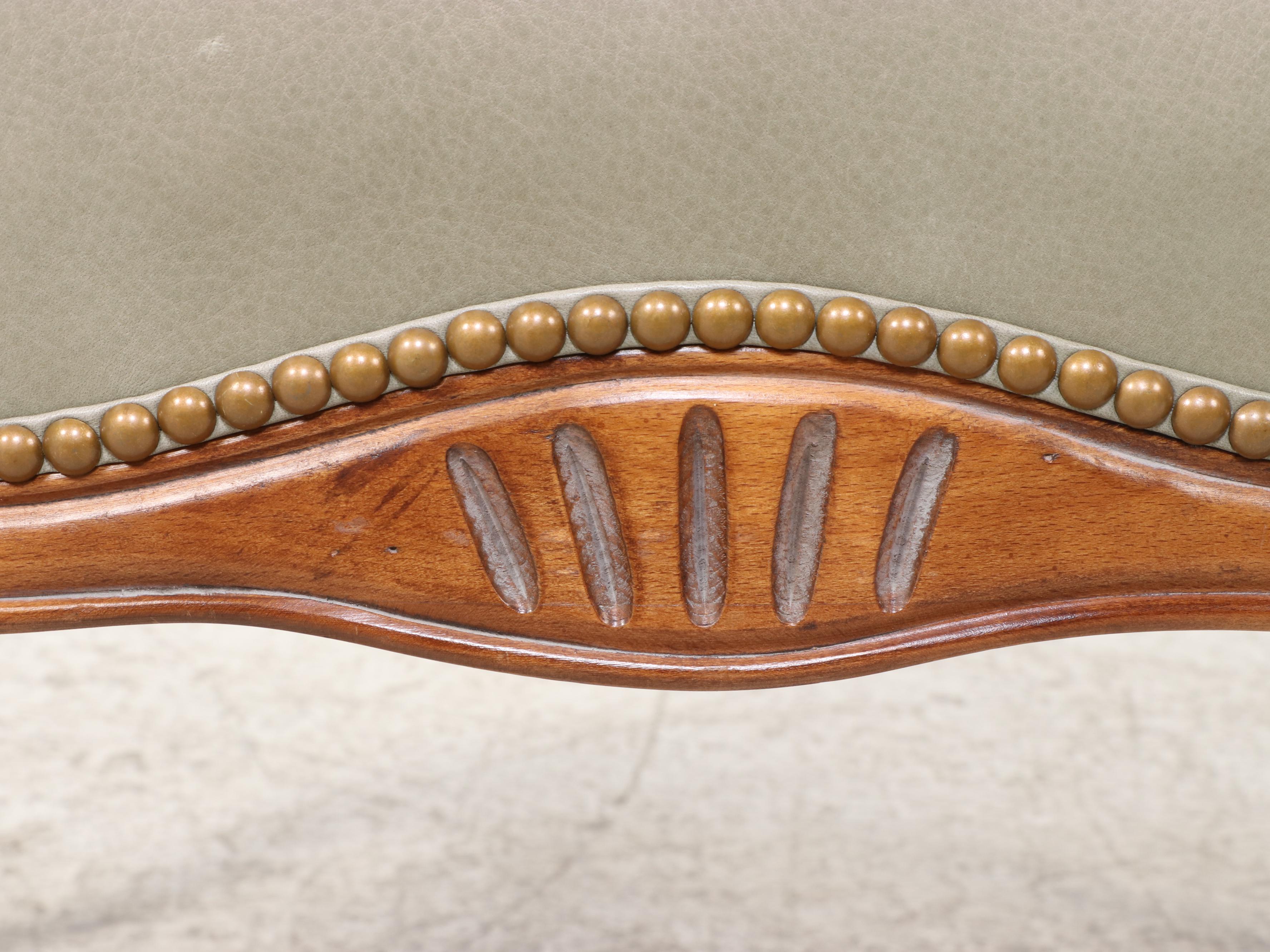 Century Furniture Louis XV Style Beech & Green Leather Fauteuil w/ Nailheads