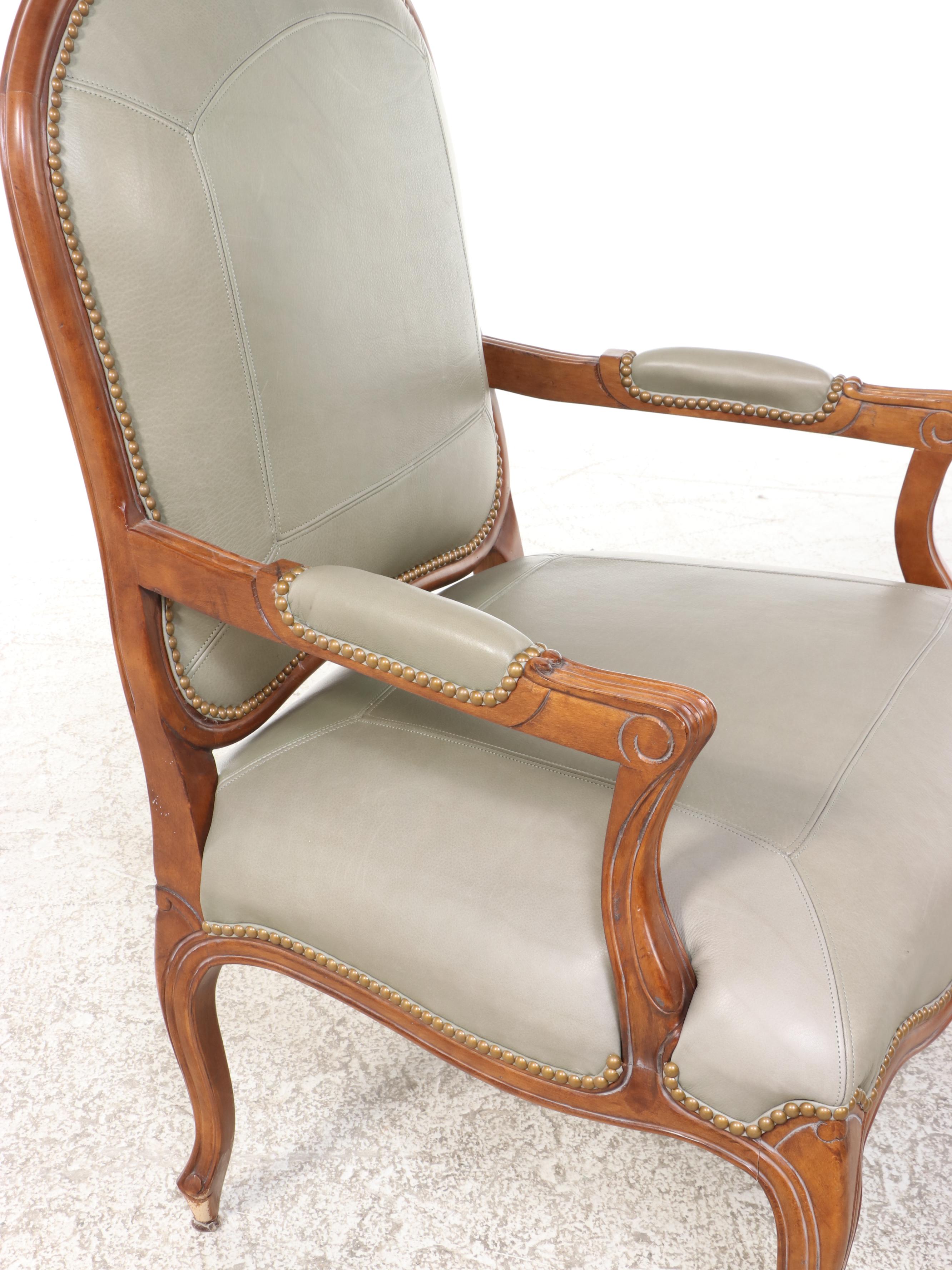 Century Furniture Louis XV Style Beech & Green Leather Fauteuil w/ Nailheads
