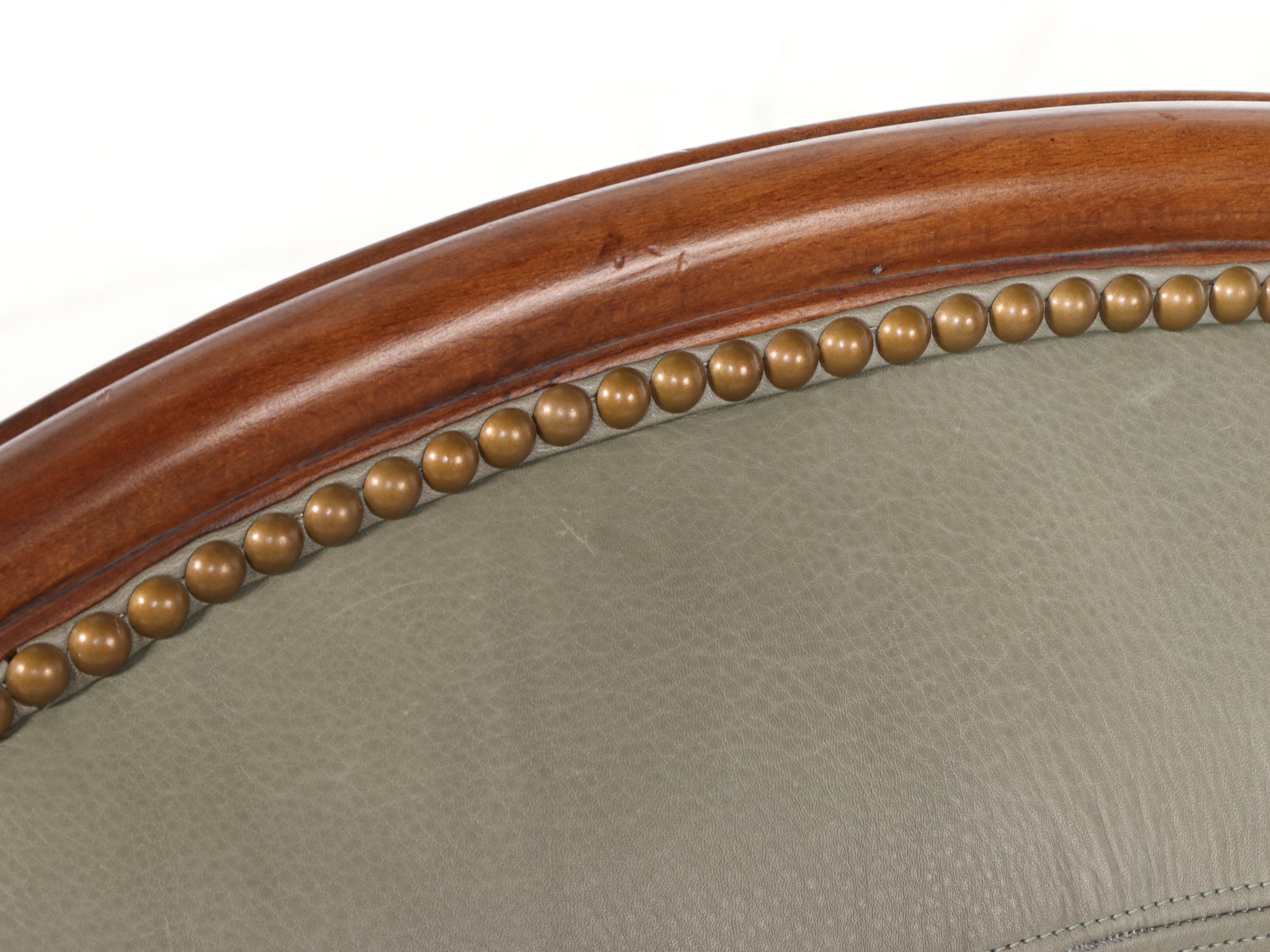 Century Furniture Louis XV Style Beech & Green Leather Fauteuil w/ Nailheads