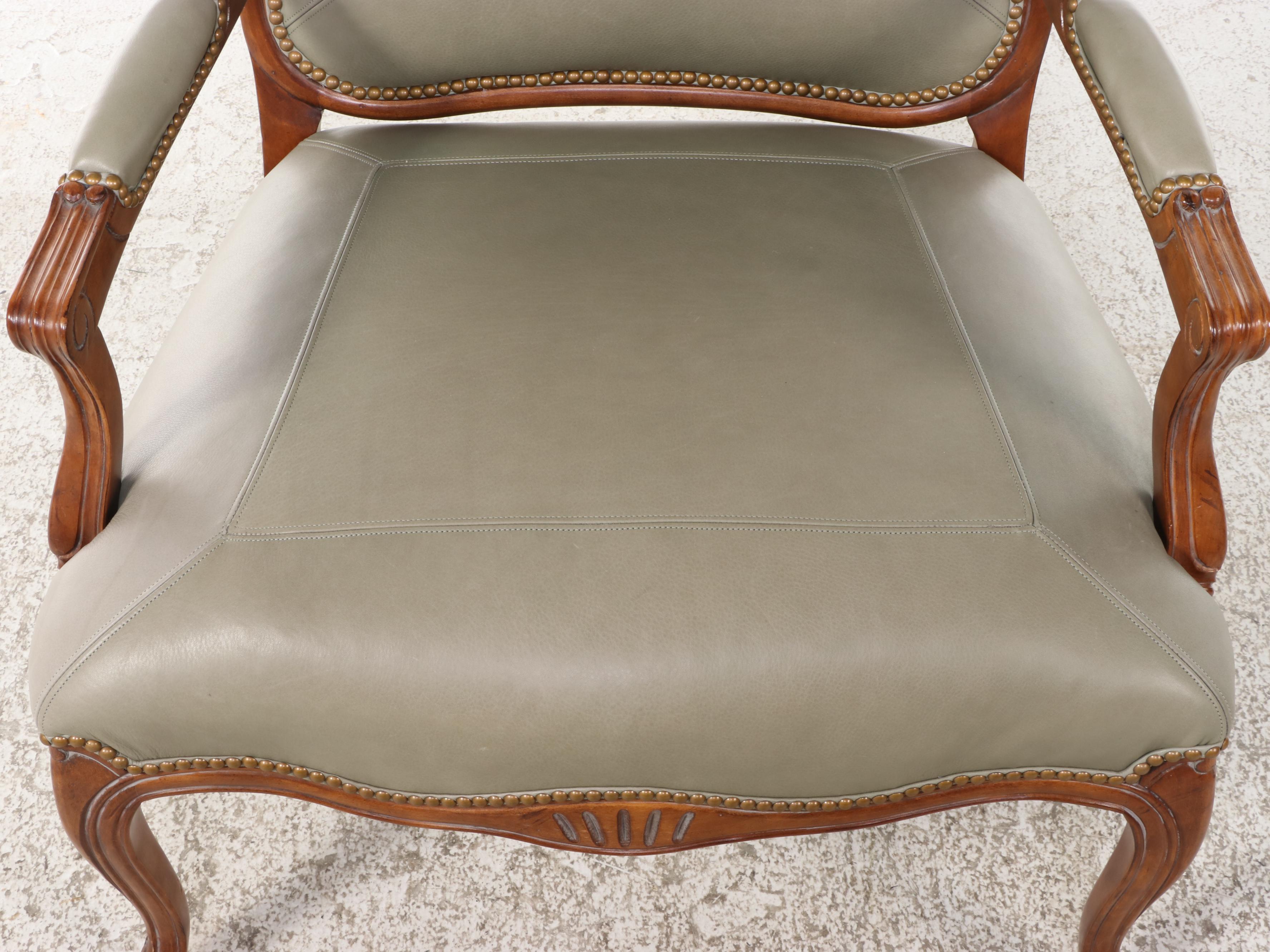 Century Furniture Louis XV Style Beech & Green Leather Fauteuil w/ Nailheads