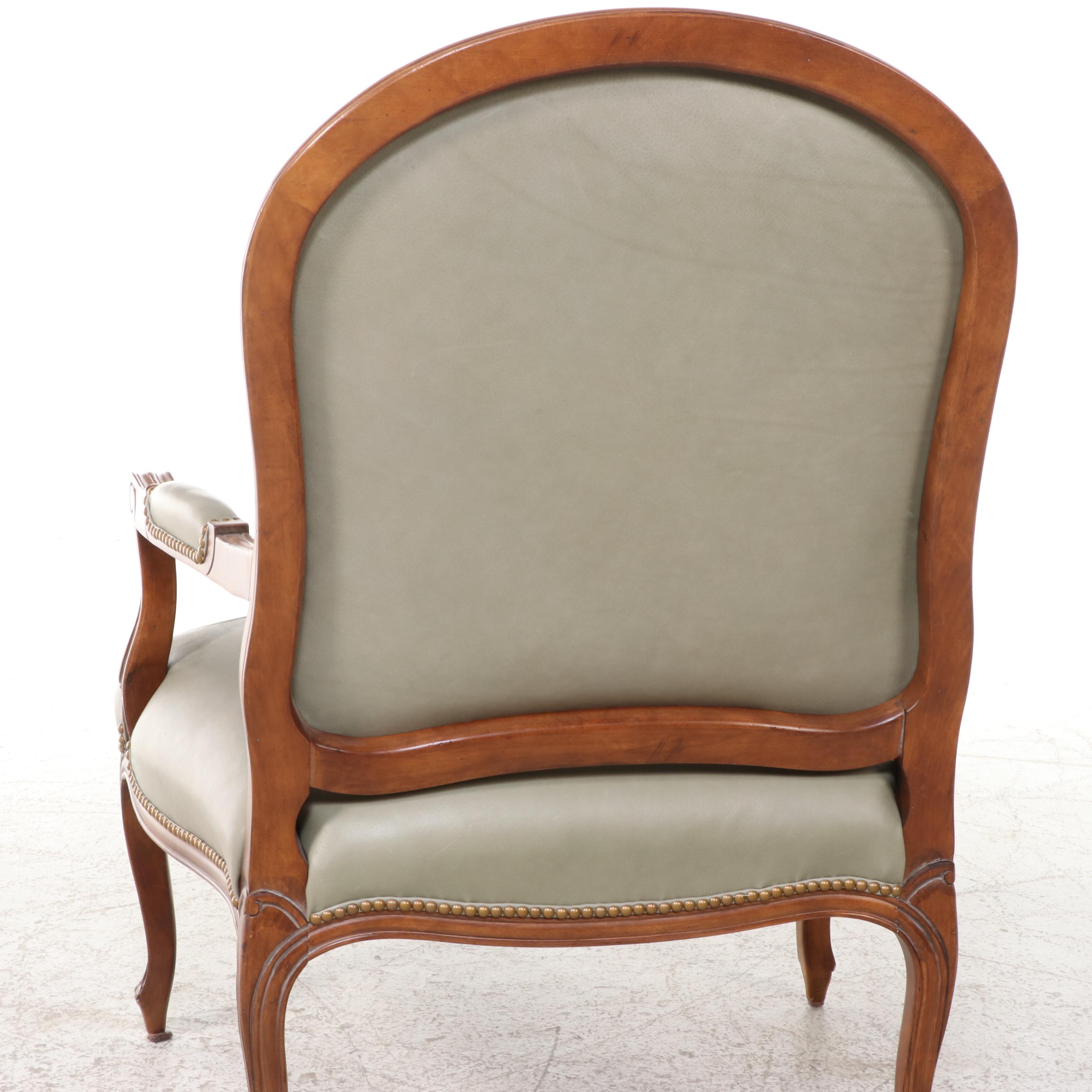 Century Furniture Louis XV Style Beech & Green Leather Fauteuil w/ Nailheads