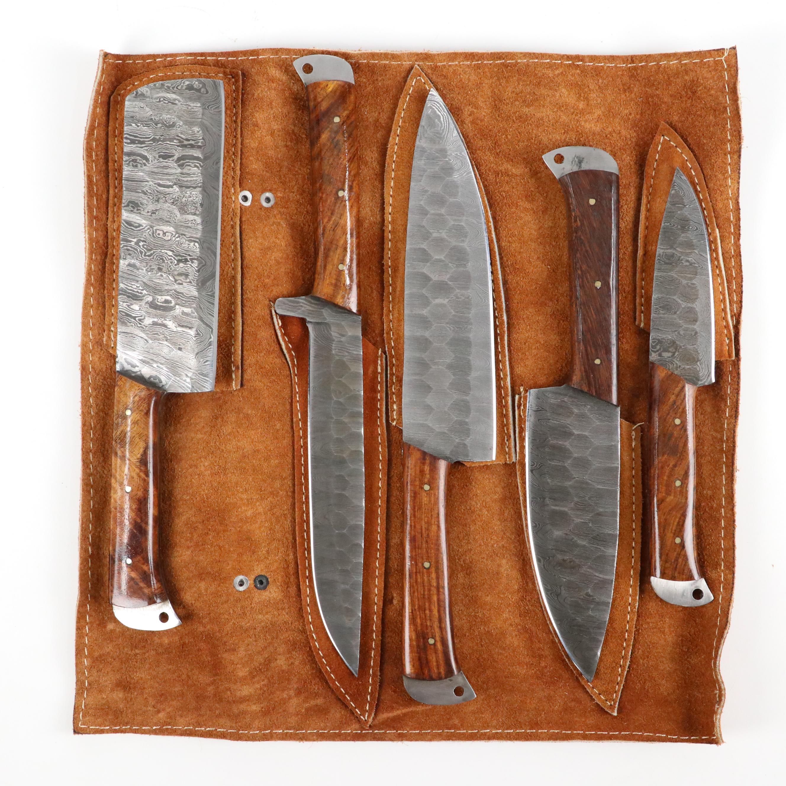 Damascus Steel Wood Handled Chef's Knife Set in Leather Knife Roll