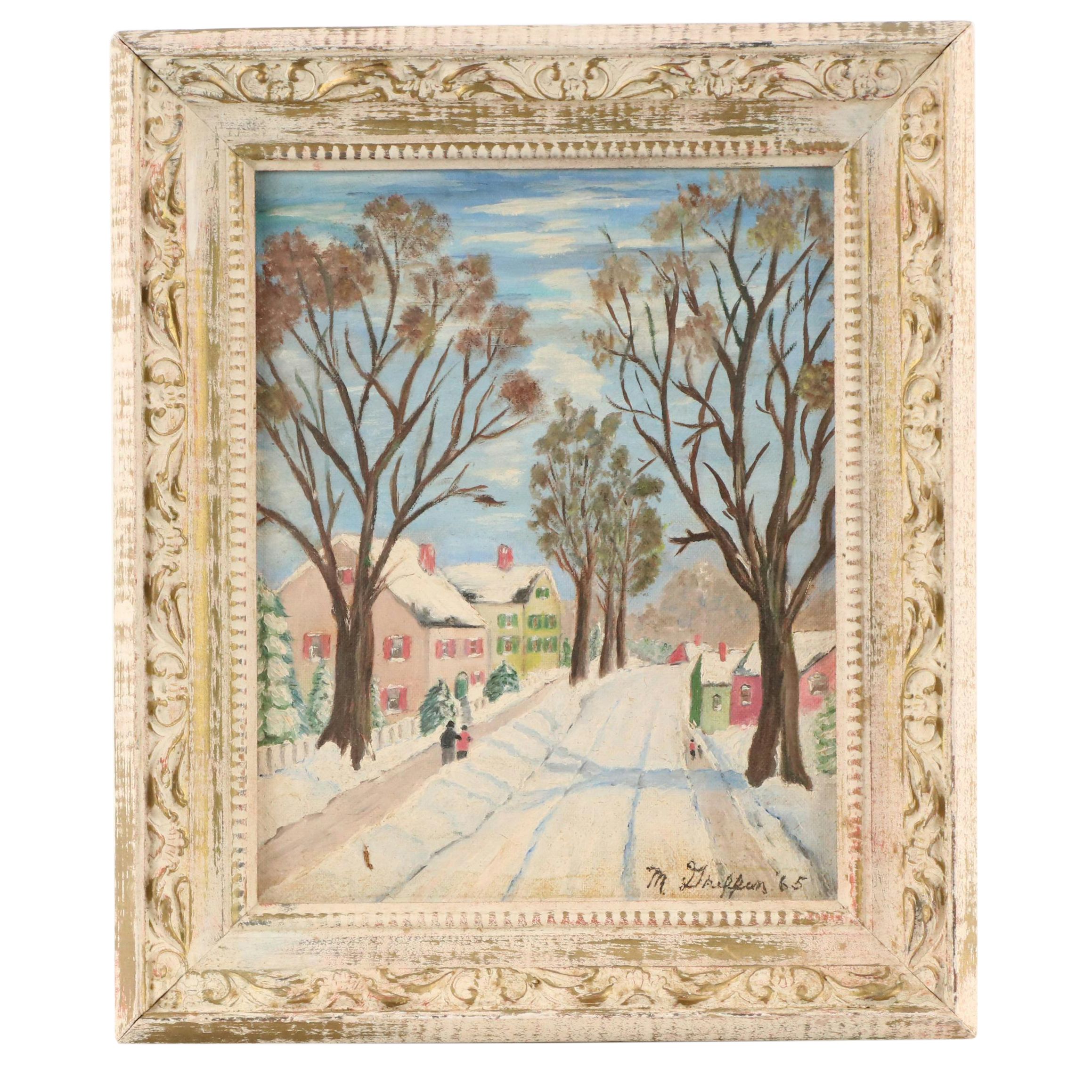 Naive Snowy Neighborhood Landscape Oil Painting, 1965
