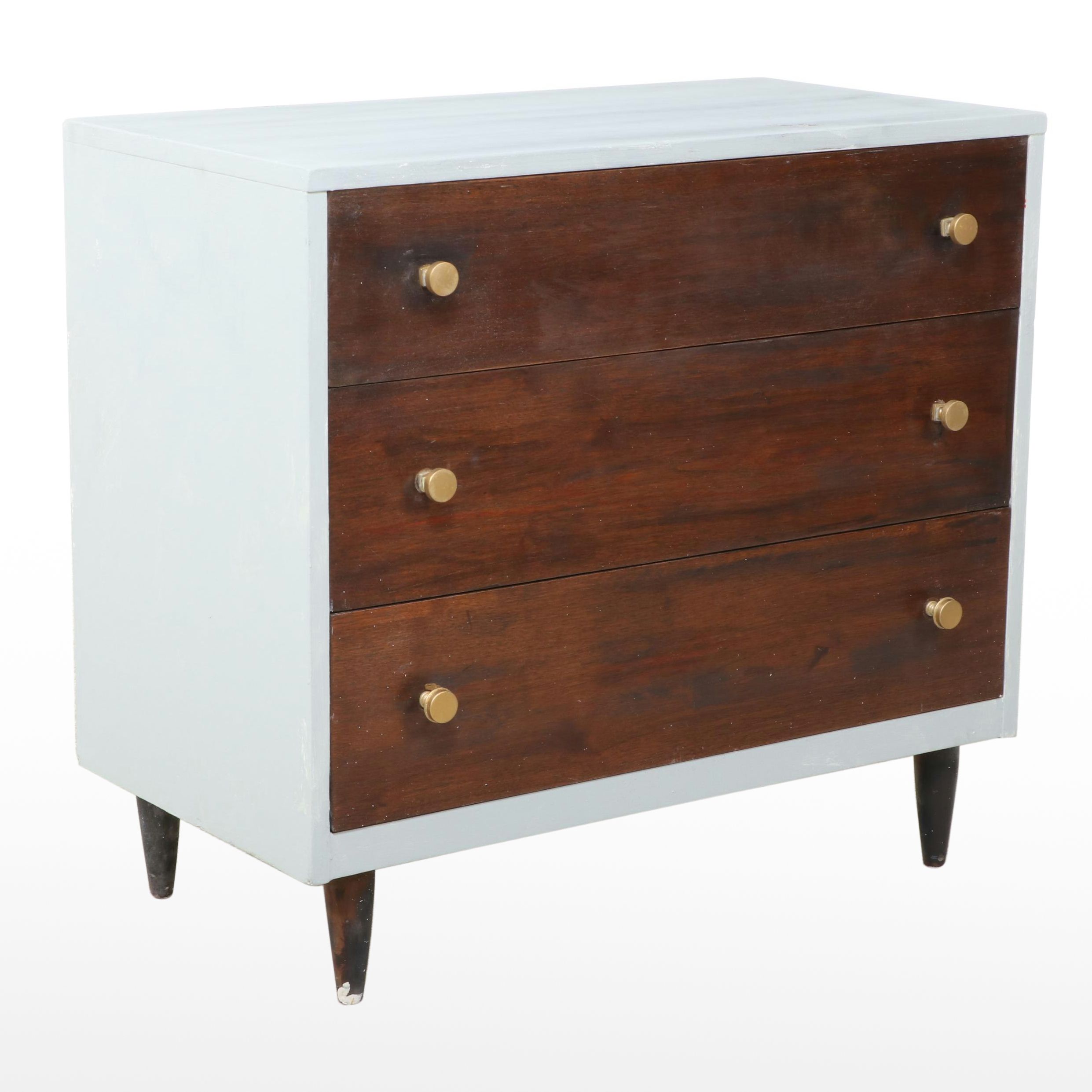 Mid Century Modern Walnut and Parcel-Painted Three-Drawer Chest