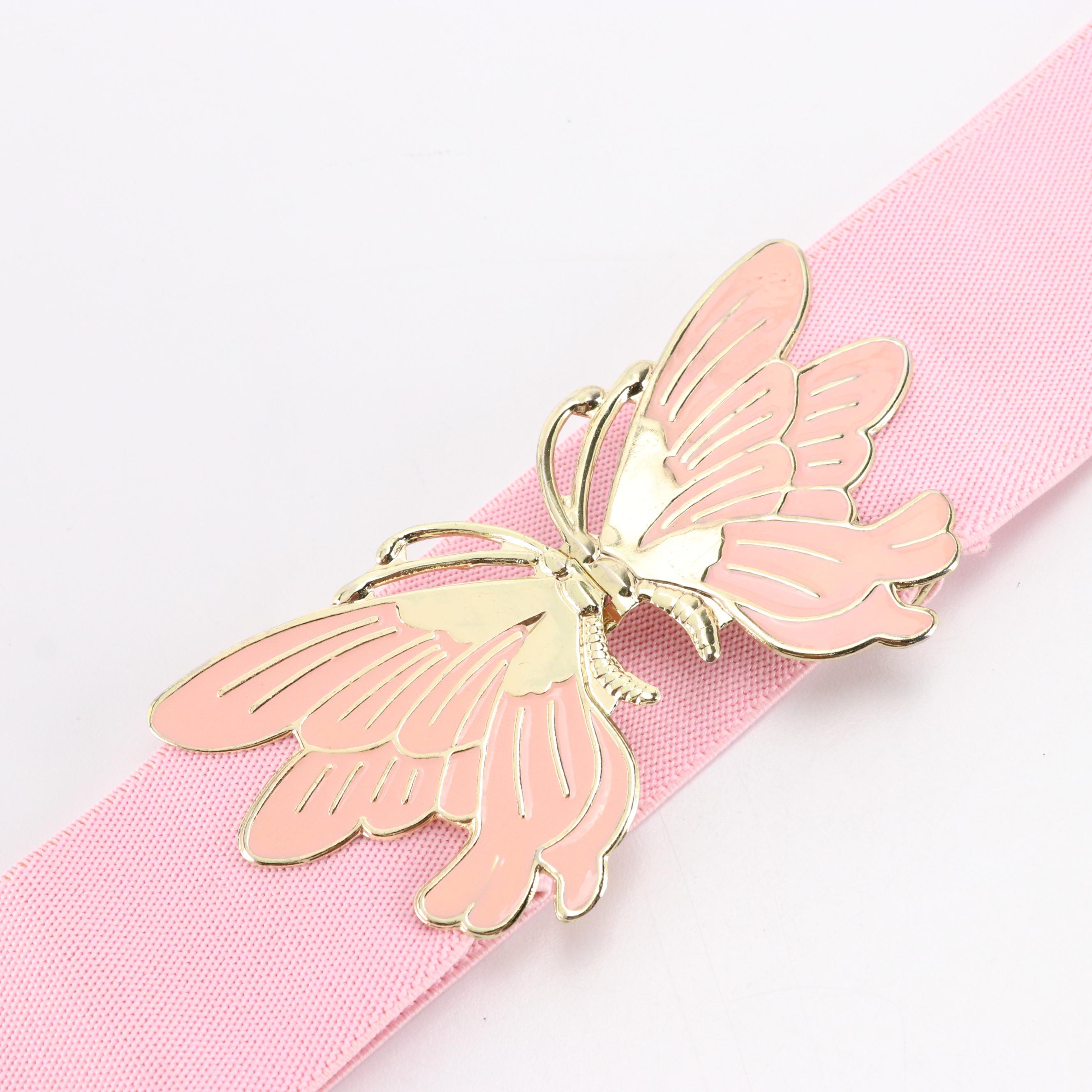 Vintage Pink Butterfly Enamel Buckle Elasticated Belt with Other Black Belt