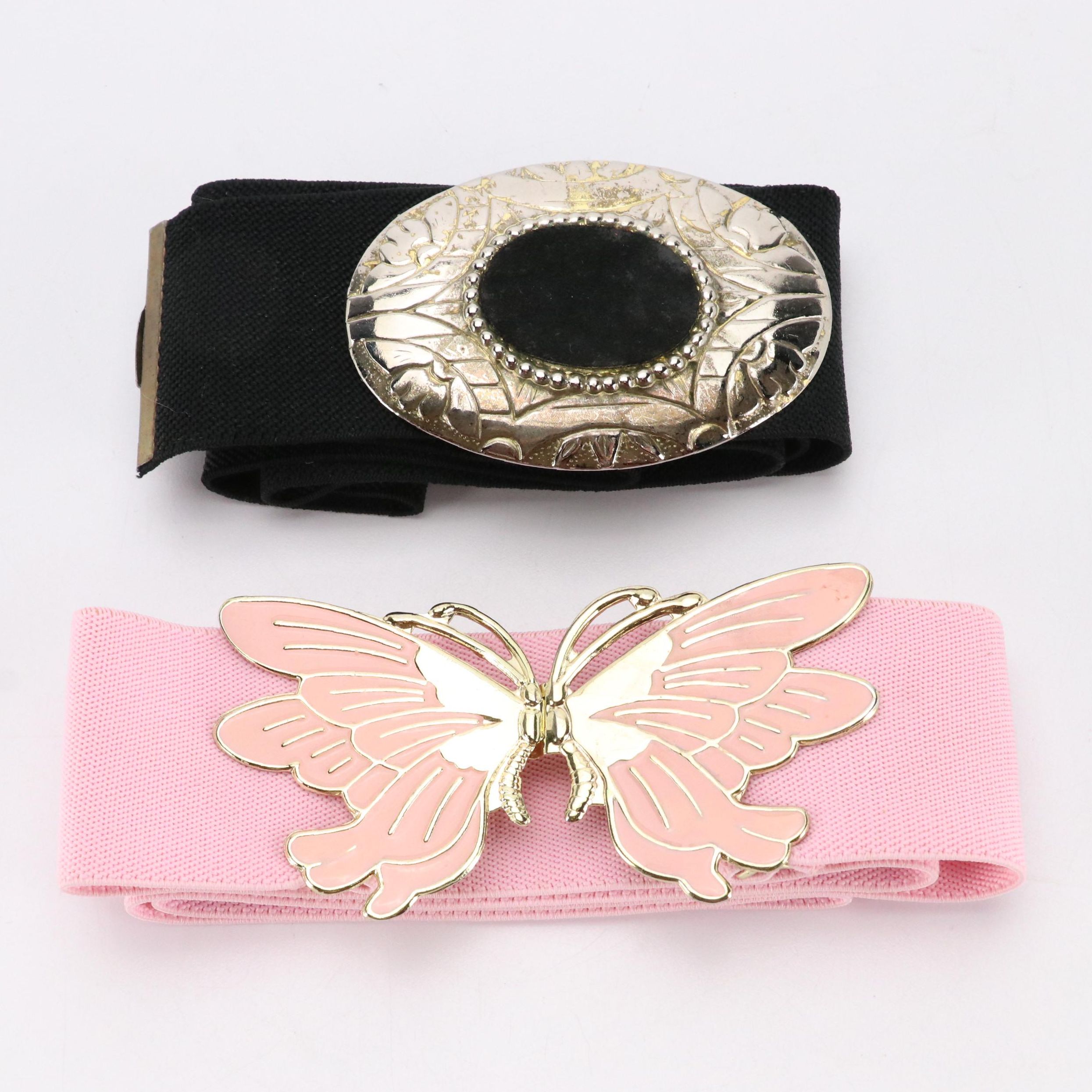 Vintage Pink Butterfly Enamel Buckle Elasticated Belt with Other Black Belt