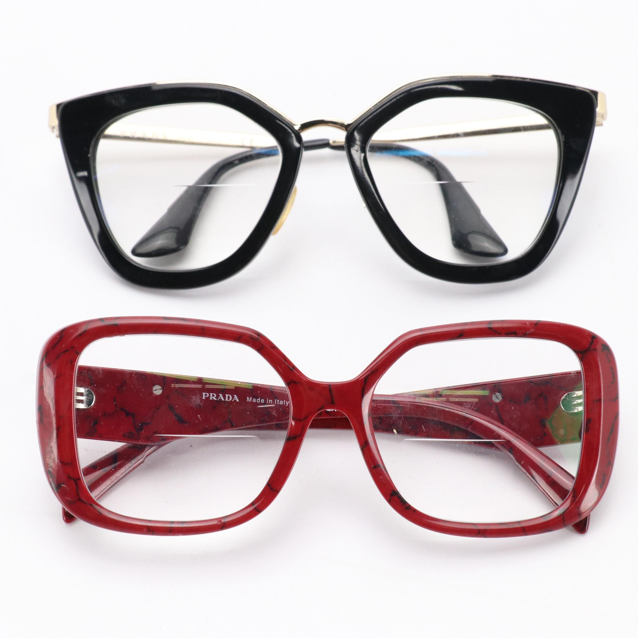 Prada Black Cat-Eye and Red Marbled Square Bifocal Eyeglasses with Case