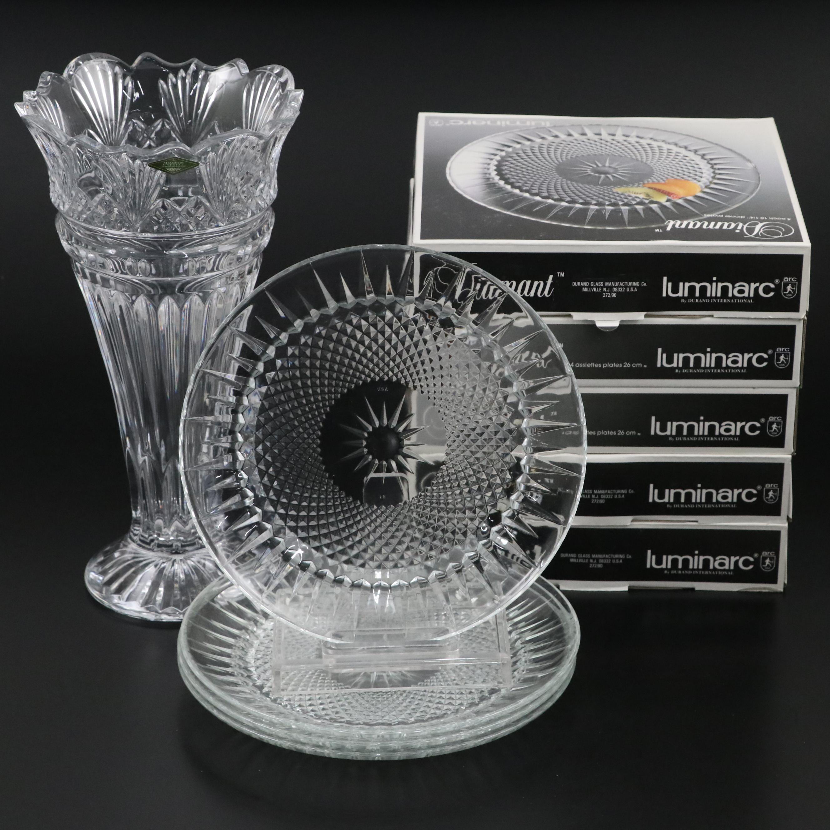 Godinger "Princess" Crystal Vase with Cristal D'Arques "Diamant" Dinner Plates
