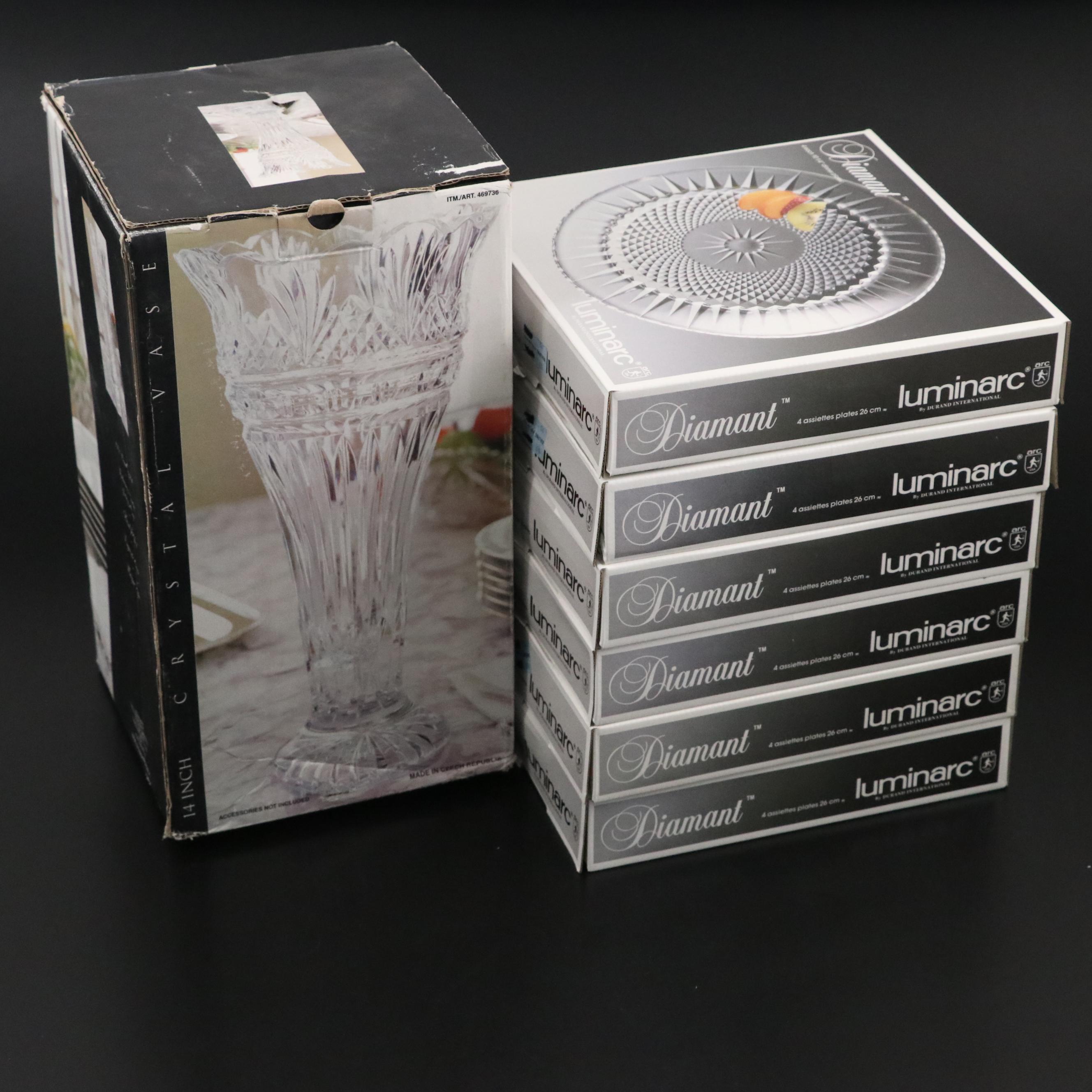 Godinger "Princess" Crystal Vase with Cristal D'Arques "Diamant" Dinner Plates