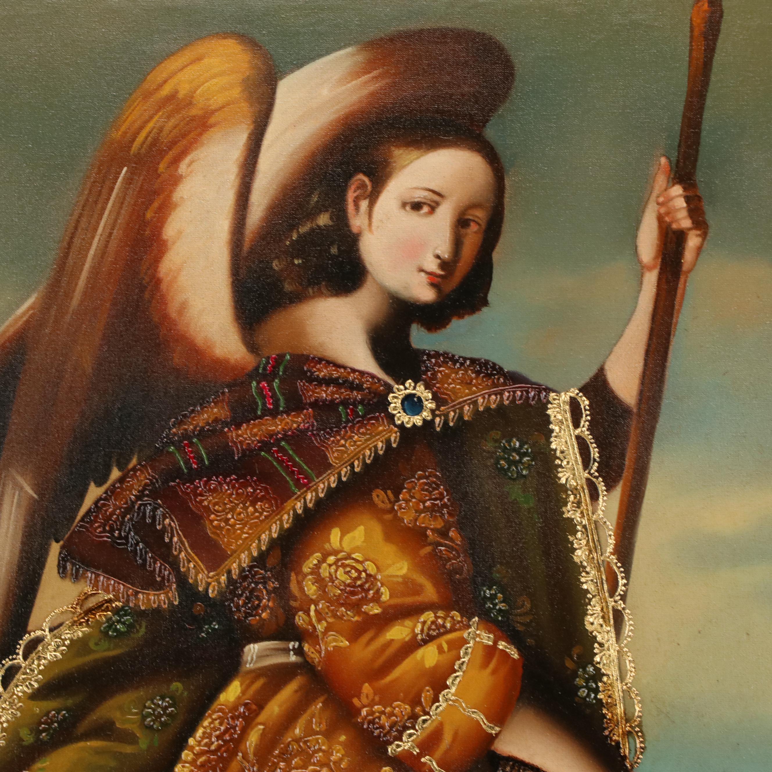 Ernesto Zuñiga Oil Painting With Gold Leaf "San Raphael Archangel"