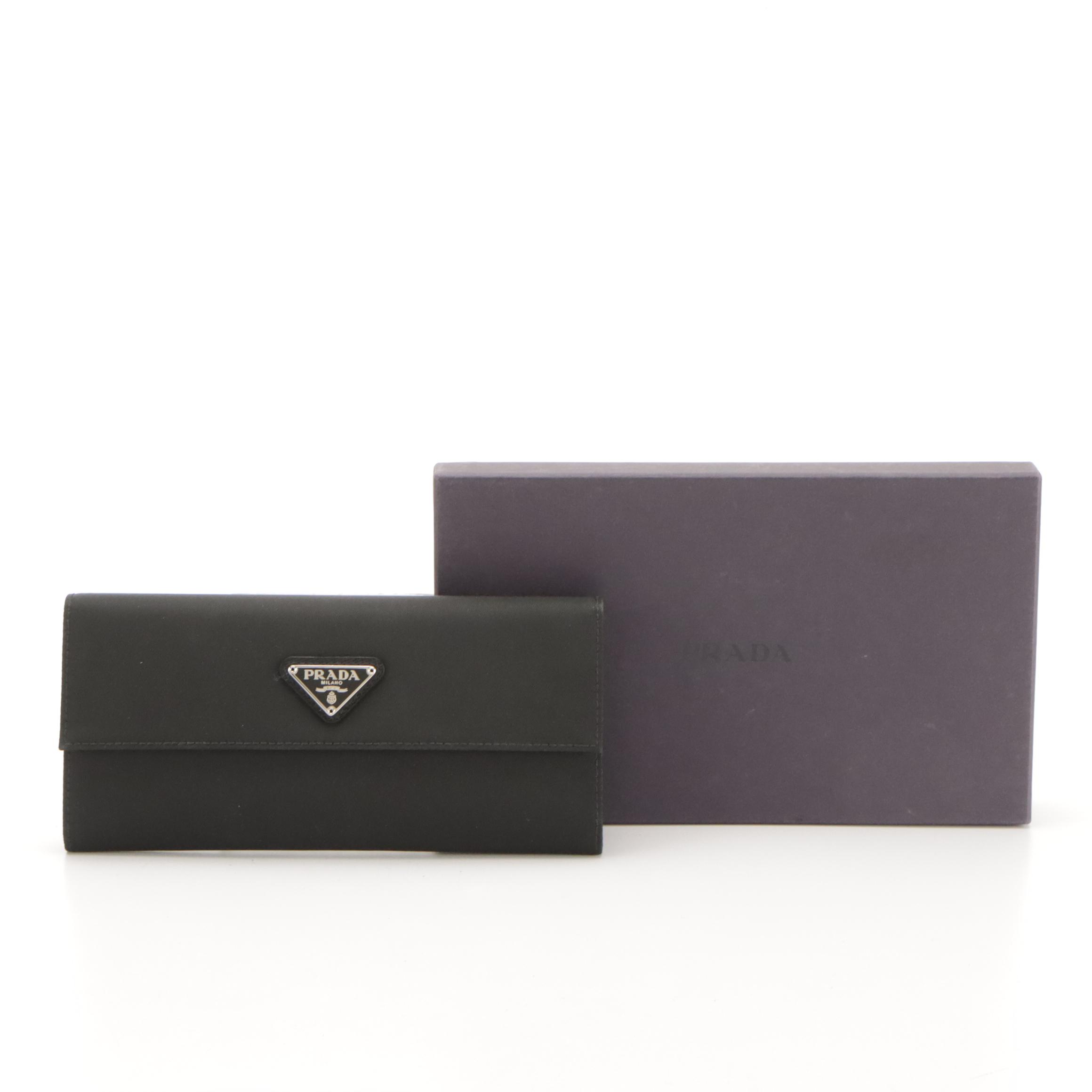Prada Black Tessuto Nylon Continental Wallet with Box