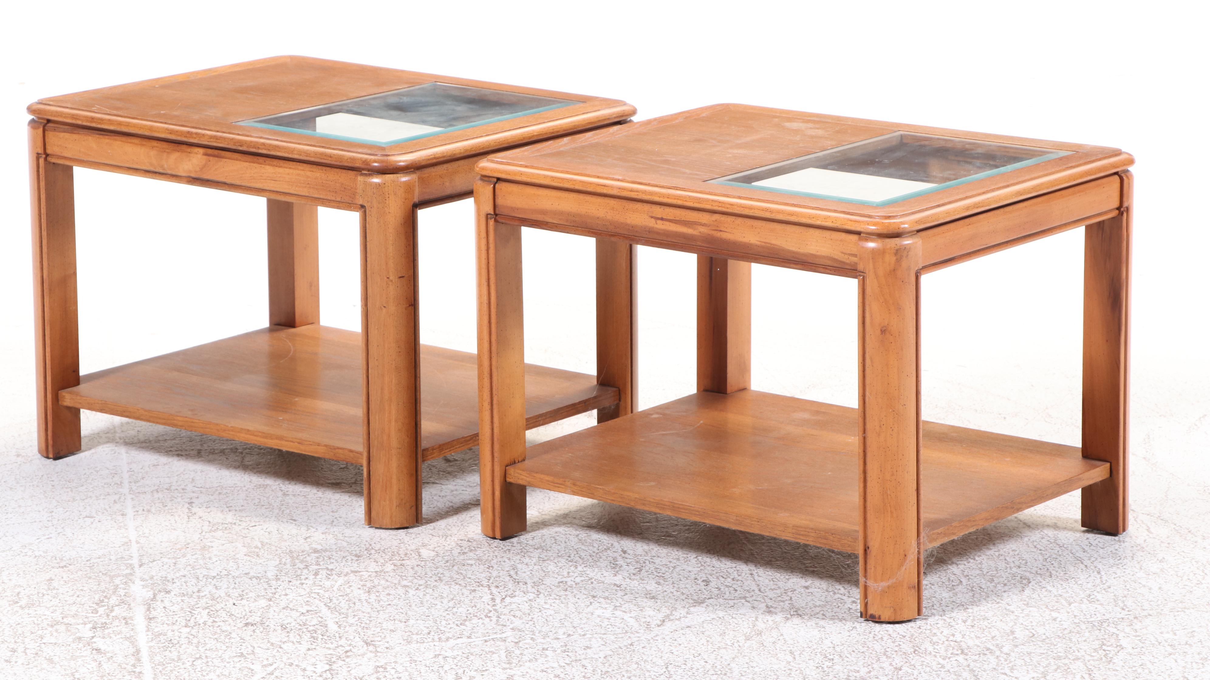 Pair of Oak and Glass Top Side Tables Plus Coffee Table, Late 20th Century