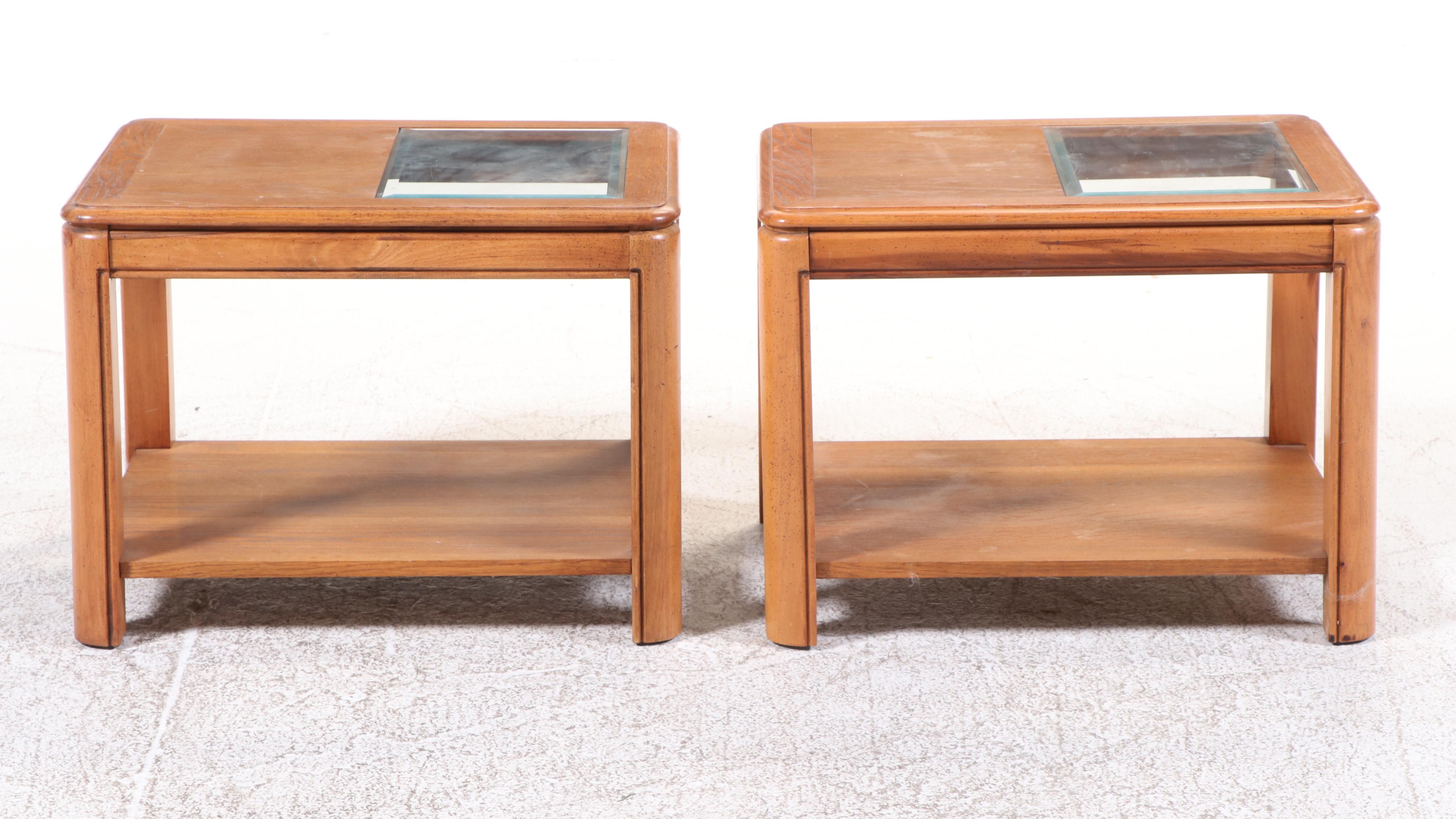 Pair of Oak and Glass Top Side Tables Plus Coffee Table, Late 20th Century