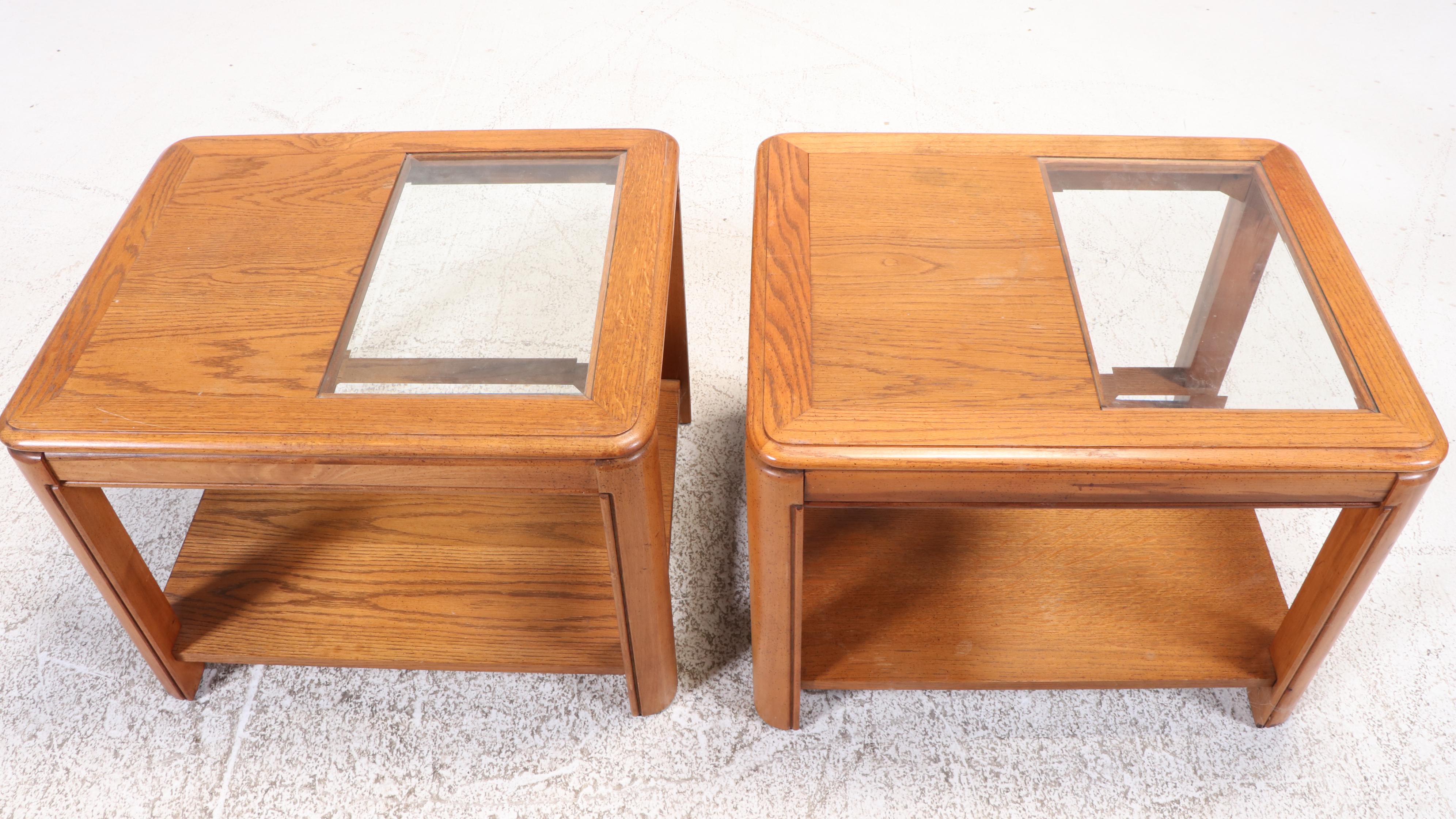 Pair of Oak and Glass Top Side Tables Plus Coffee Table, Late 20th Century