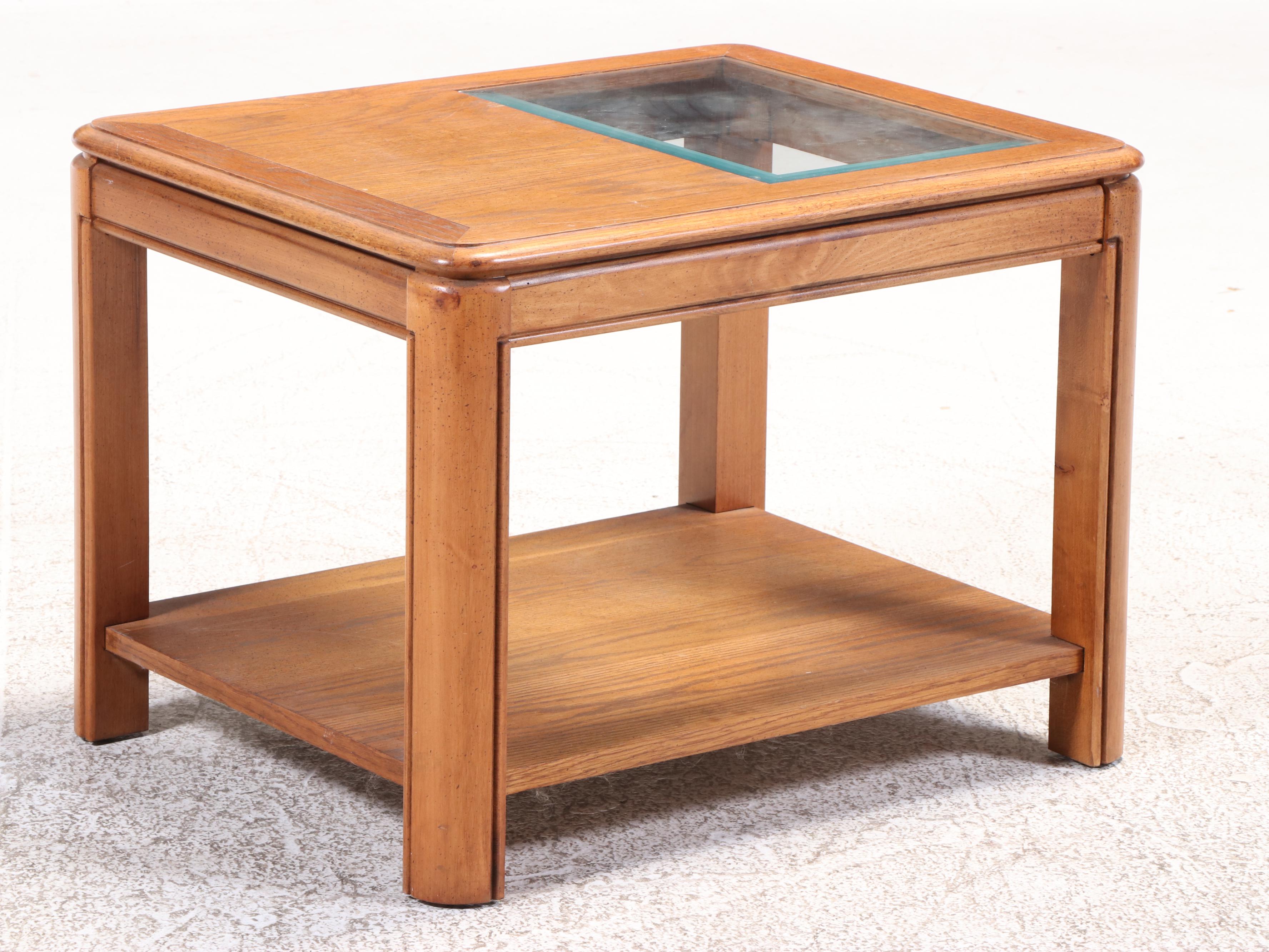 Pair of Oak and Glass Top Side Tables Plus Coffee Table, Late 20th Century