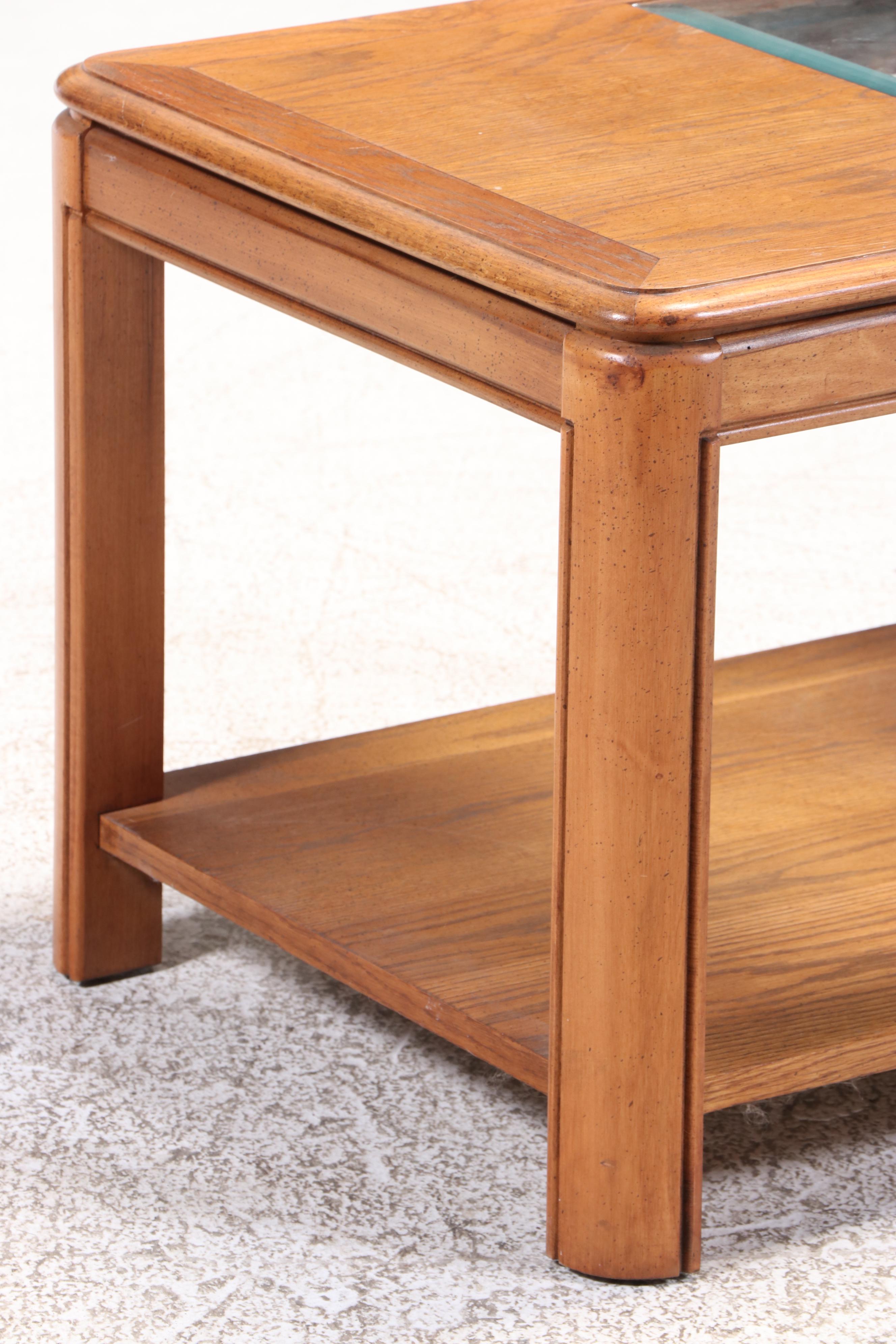 Pair of Oak and Glass Top Side Tables Plus Coffee Table, Late 20th Century