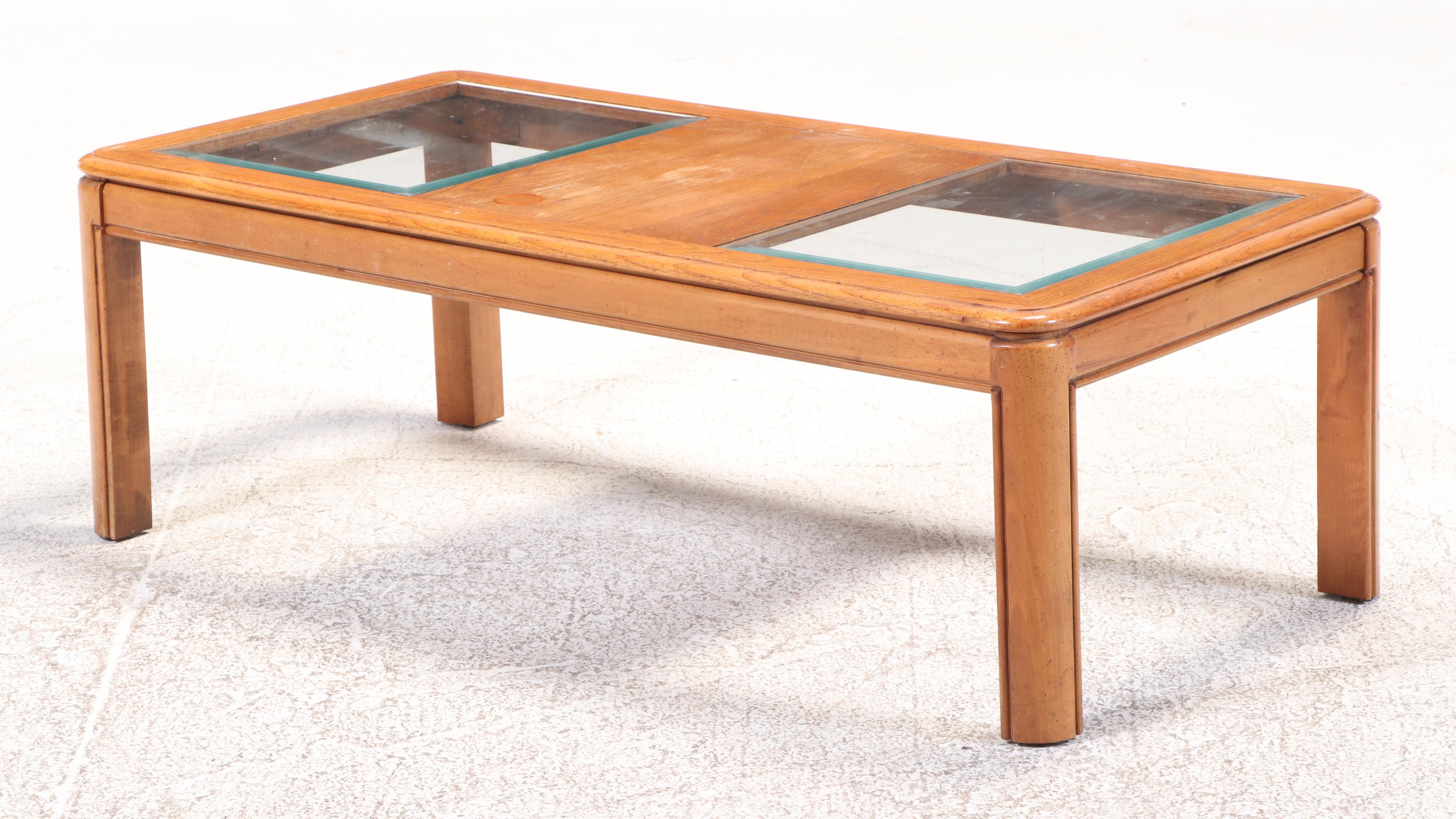 Pair of Oak and Glass Top Side Tables Plus Coffee Table, Late 20th Century