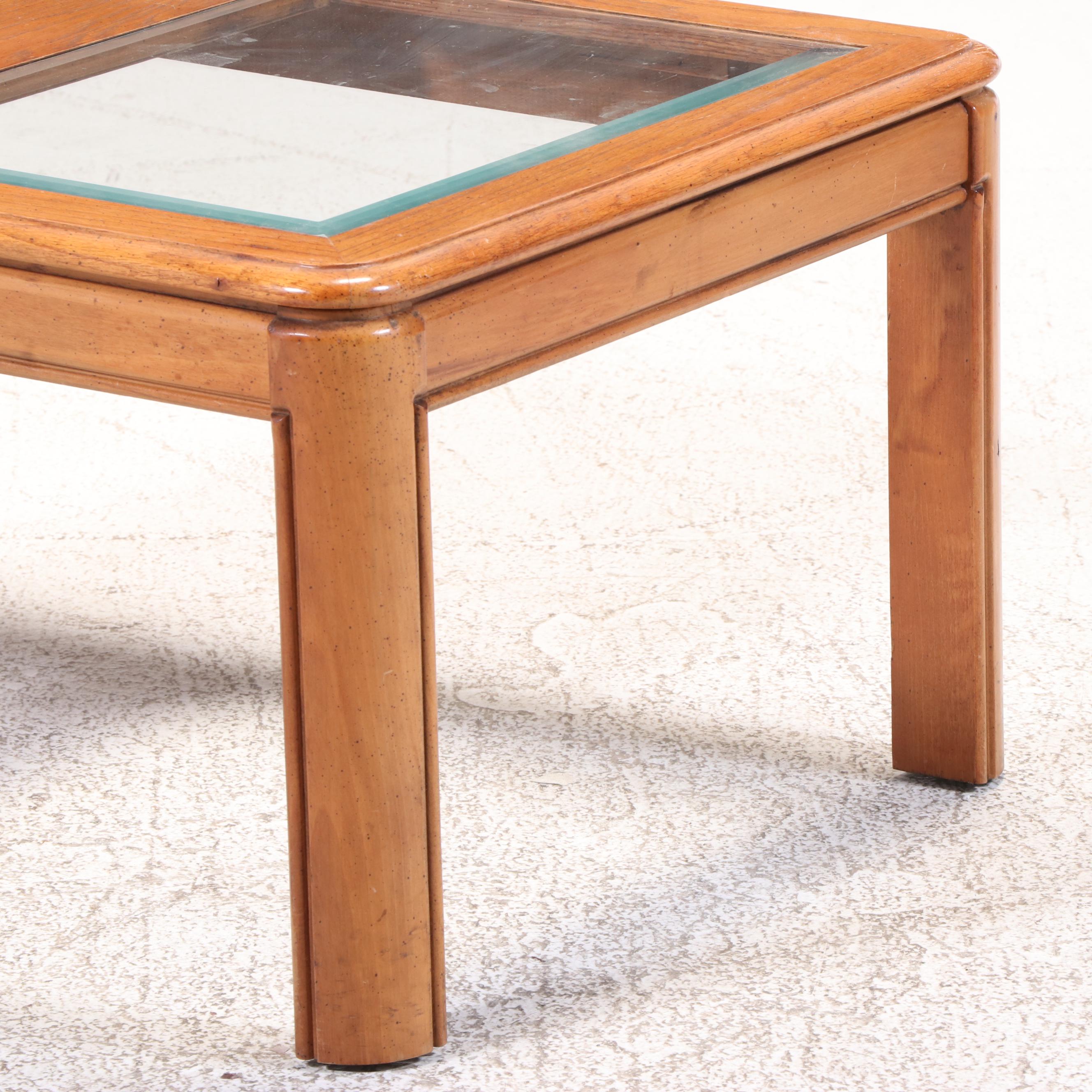 Pair of Oak and Glass Top Side Tables Plus Coffee Table, Late 20th Century