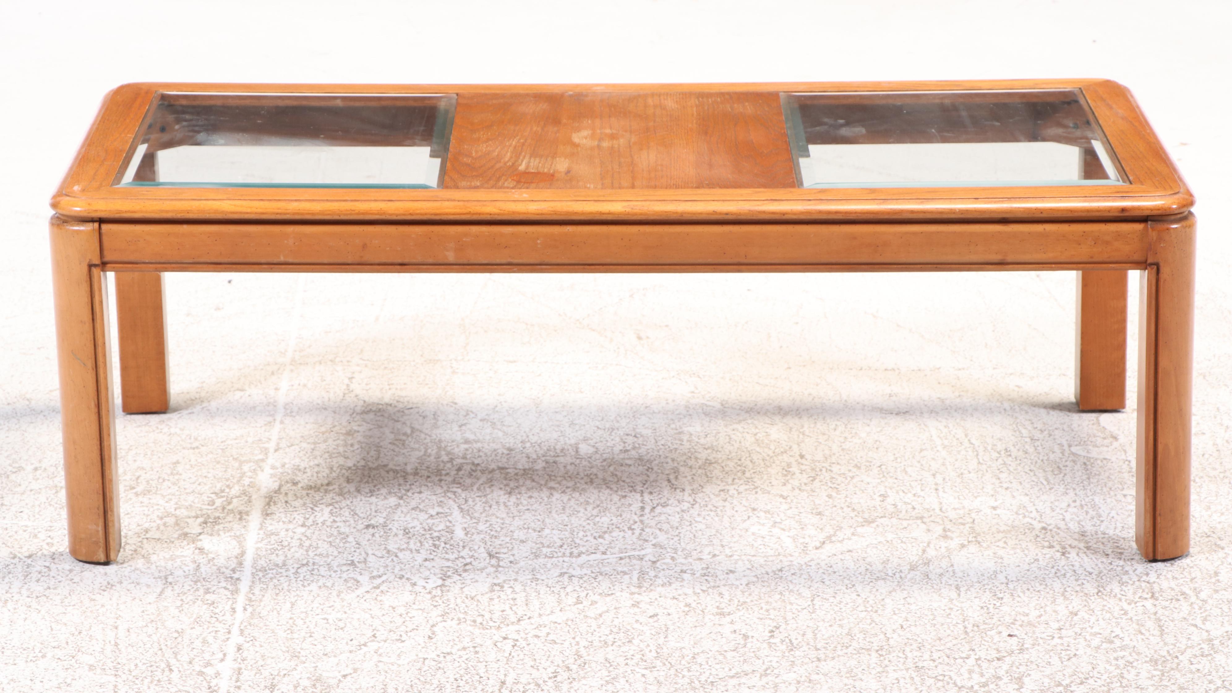 Pair of Oak and Glass Top Side Tables Plus Coffee Table, Late 20th Century