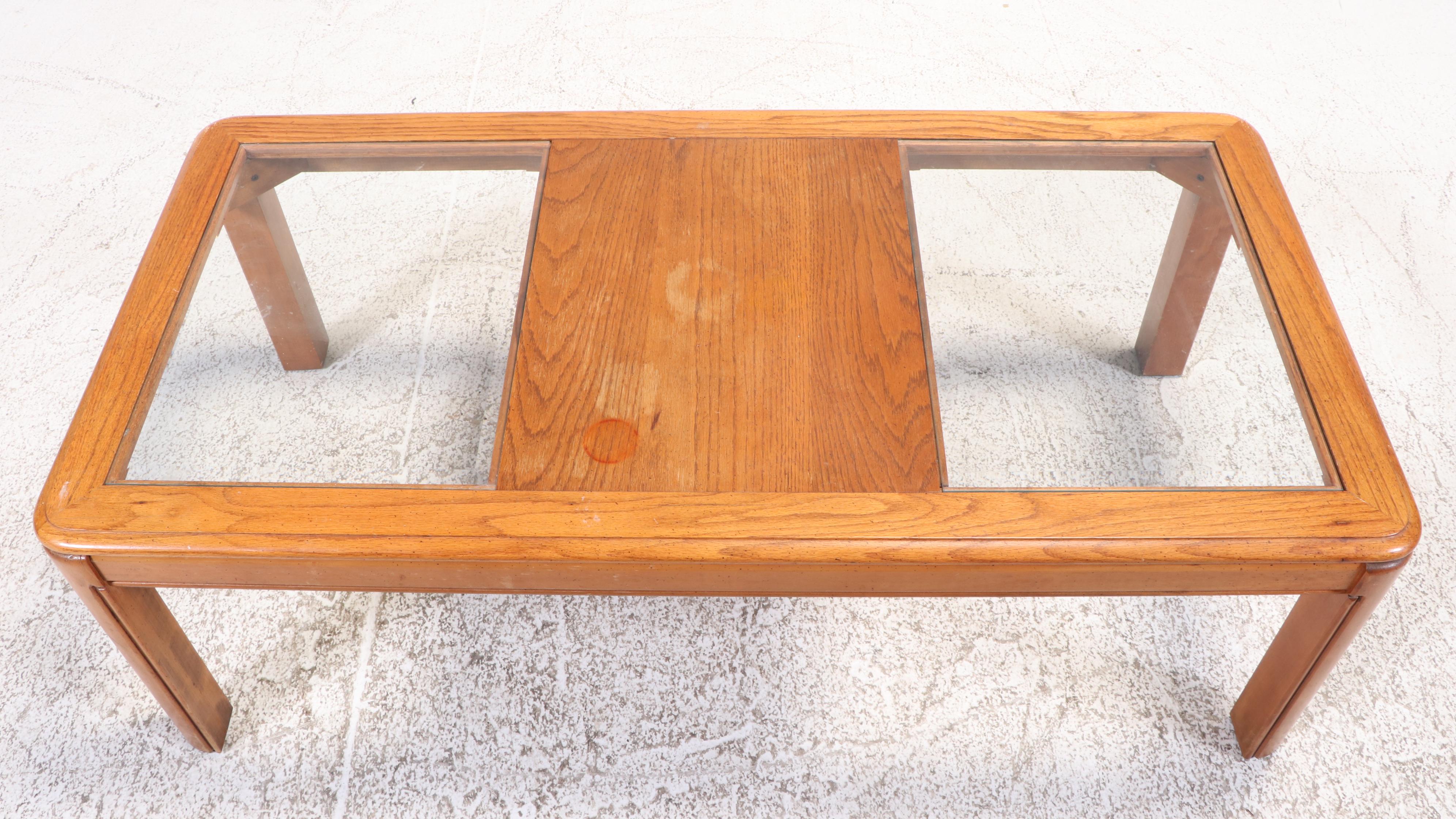 Pair of Oak and Glass Top Side Tables Plus Coffee Table, Late 20th Century