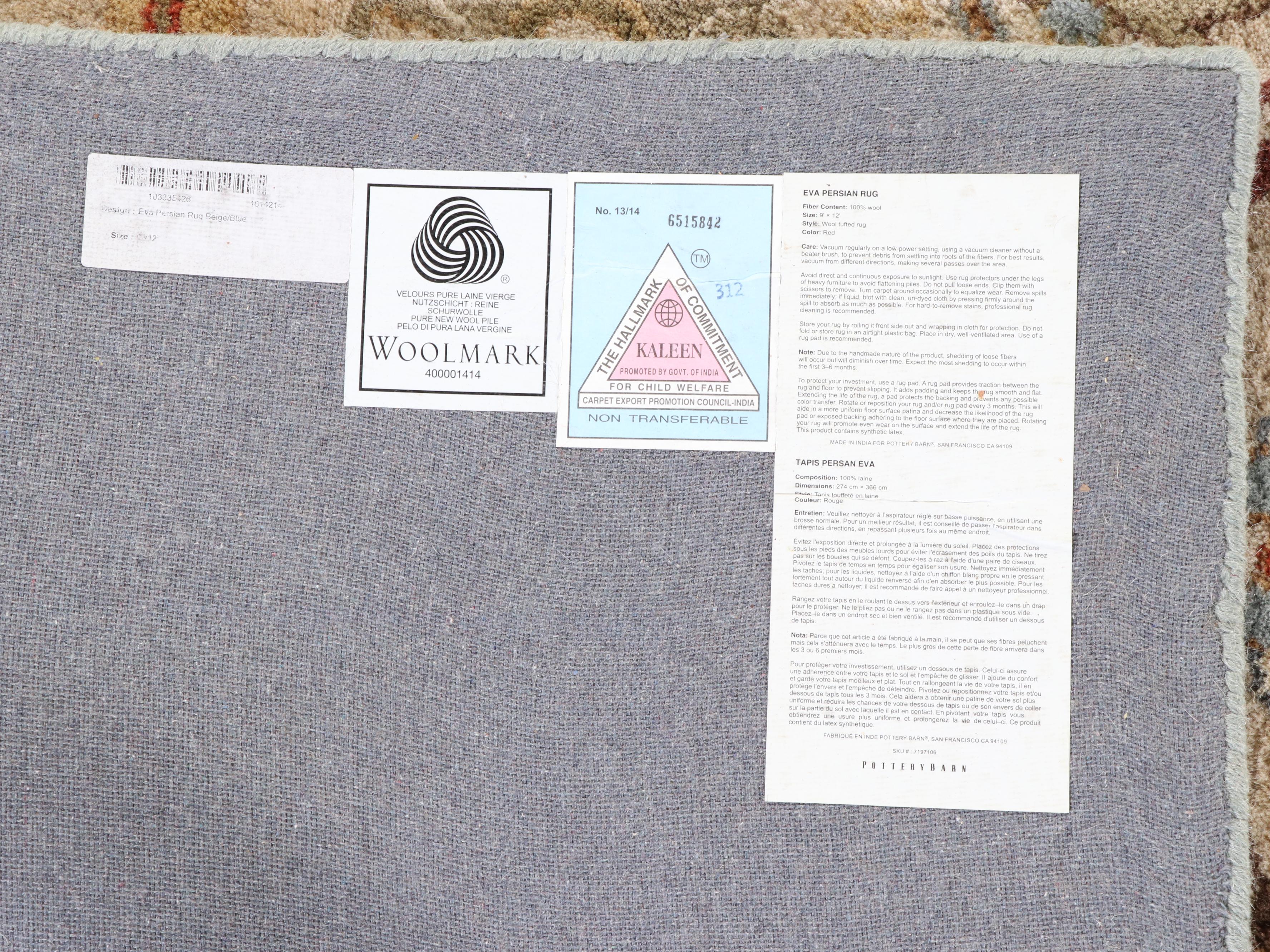 8' x 12' Hand-Tufted Pottery Barn Indo-Persian Style "Eva" Area Rug