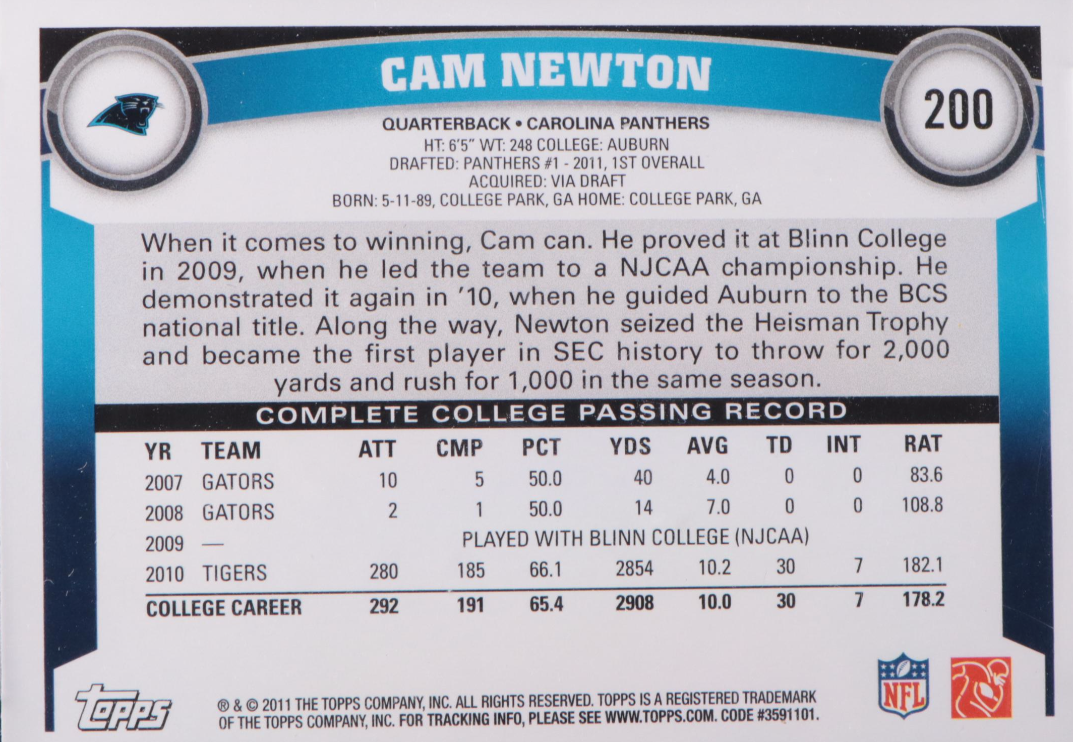 2011 Topps Cam Newton Rookie Card #200A Graded BCCG 10
