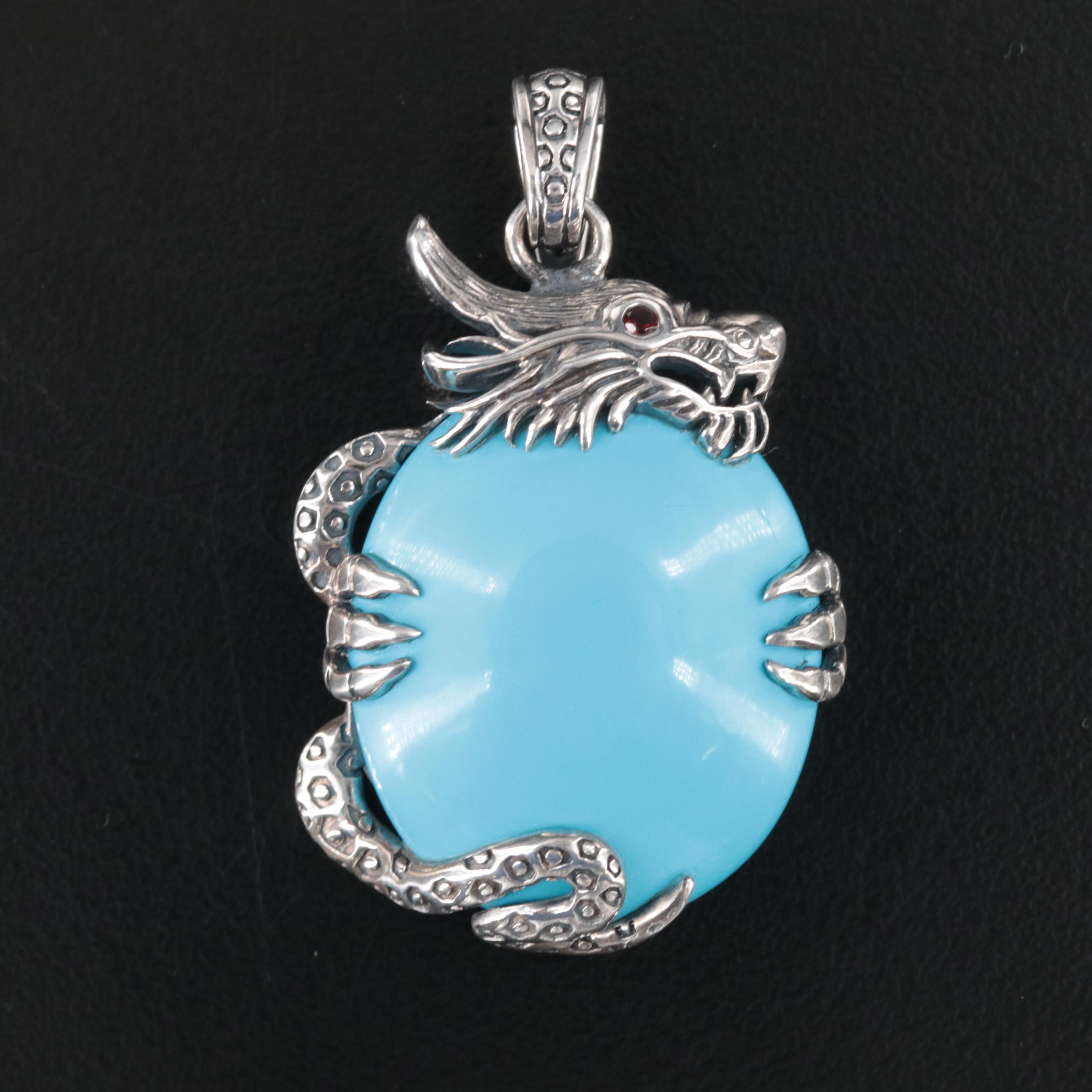 Sterling Turquoise and Garnet Dragon Enhancer Pendant