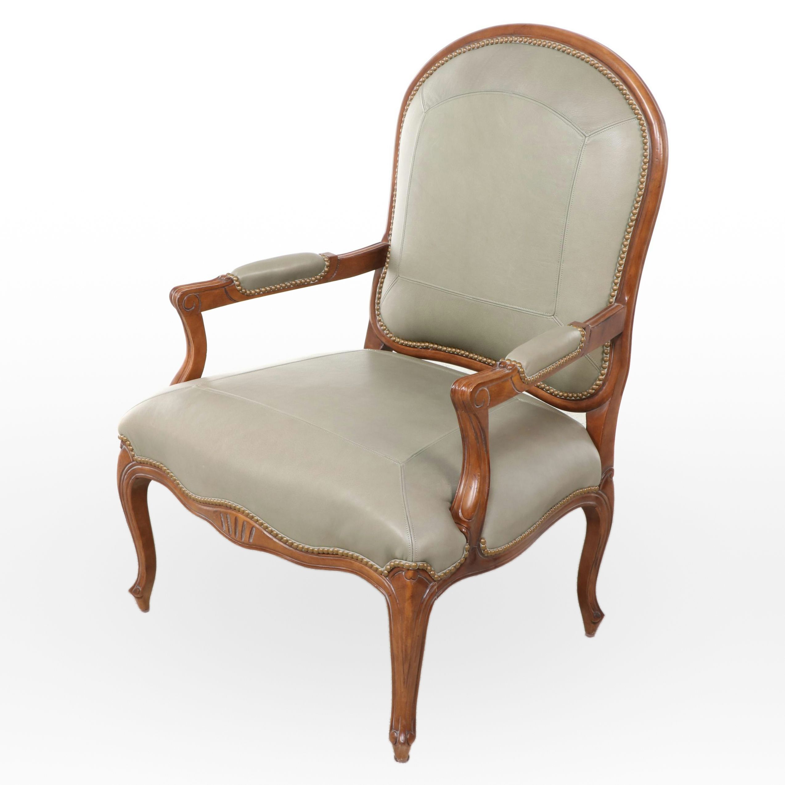 Century Furniture Louis XV Style Beech & Green Leather Fauteuil w/ Nailheads