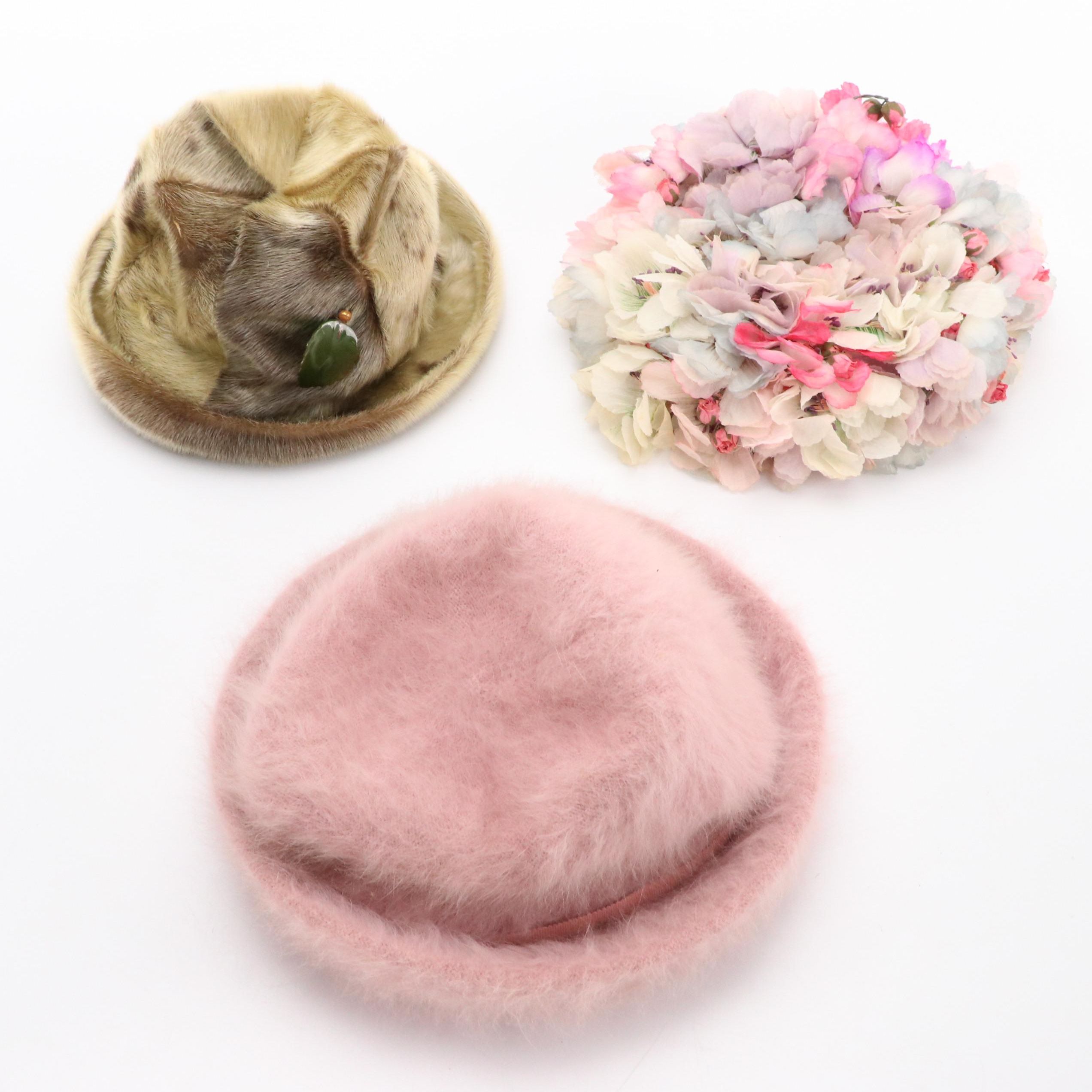 Kangol Angora Fur Hat with Other Goat Fur Hat, Crochet Floral Cap and