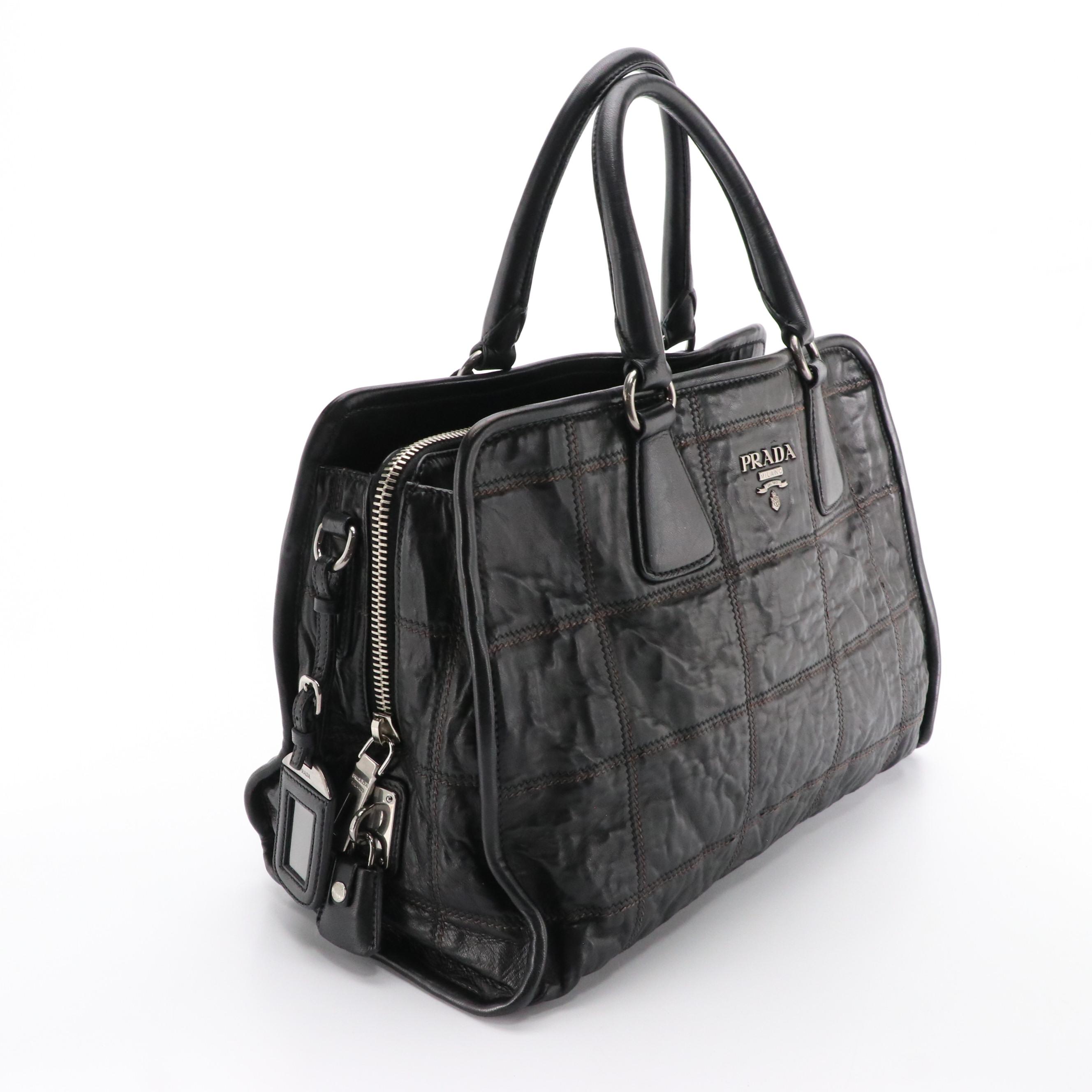 Prada Bauletto Handbag in Square Stitch Black Nappa Antique Leather